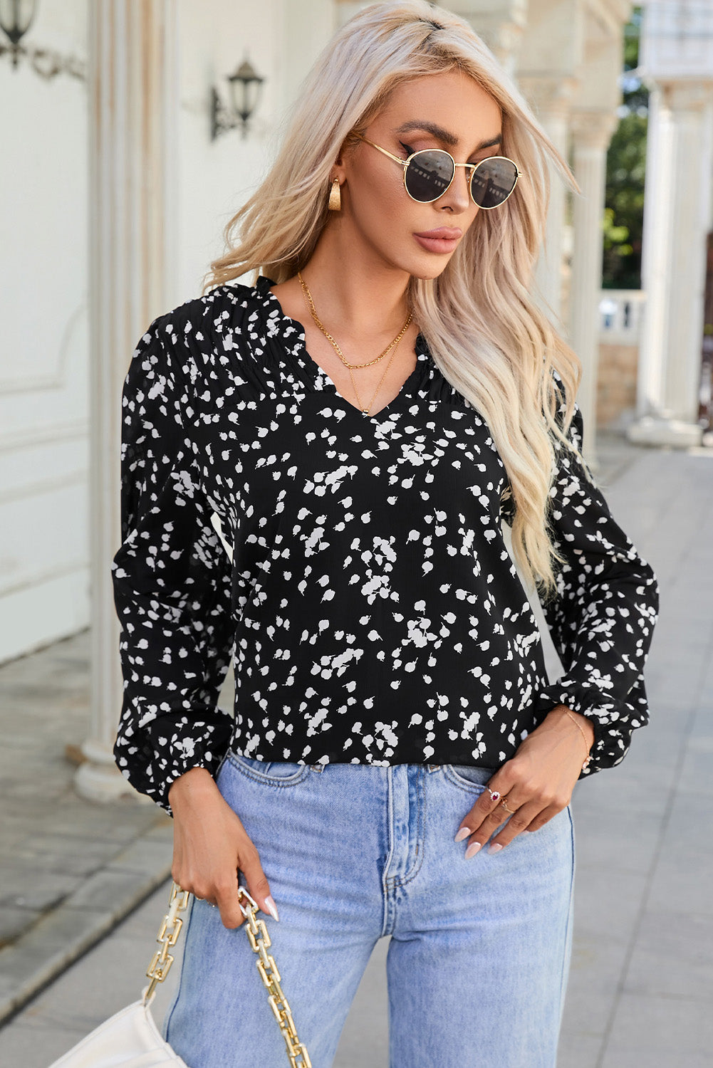 Stylish V Neck Printed Crinkled Long Sleeve Blouse for Women - Trendy Casual & Office Wear
