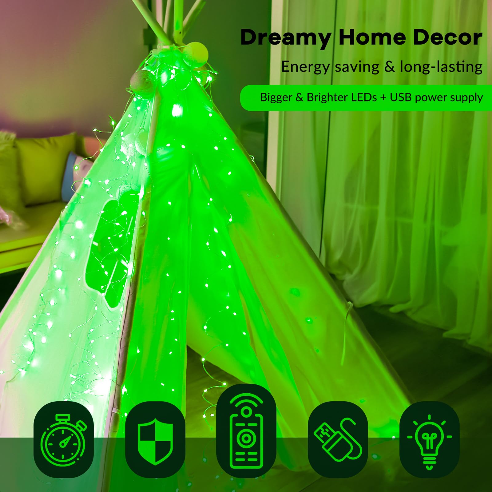 HXWEIYE 300LED Green Fairy Curtain Lights with Remote Control - 8 Lighting Modes & Timer Function - 9.8x9.8Ft USB Plug-in String Lights for Bedroom, Outdoor, Wedding, Party, Garden, Wall Decor - Perfect for Christmas Decorations, Romantic Ambiance & Home Lighting