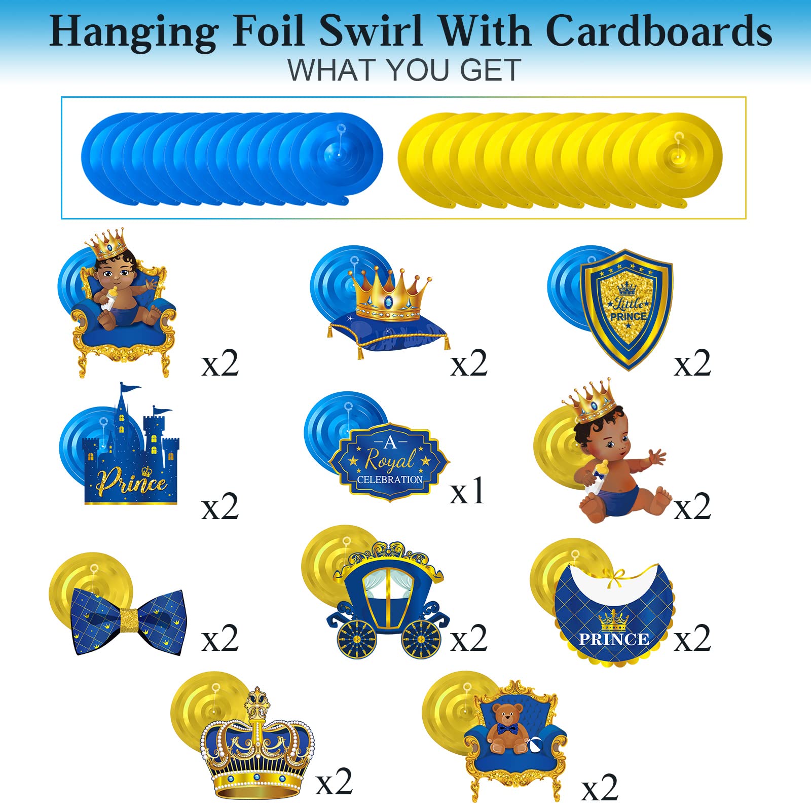 51 Pcs Royal Prince Party Hanging Swirl Decorations - Royal Blue Castle Crown Swirls for Baby Shower, Birthday & Themed Parties | Perfect for Boys' Prince-Themed Celebrations, Nursery Decor & Special Events
