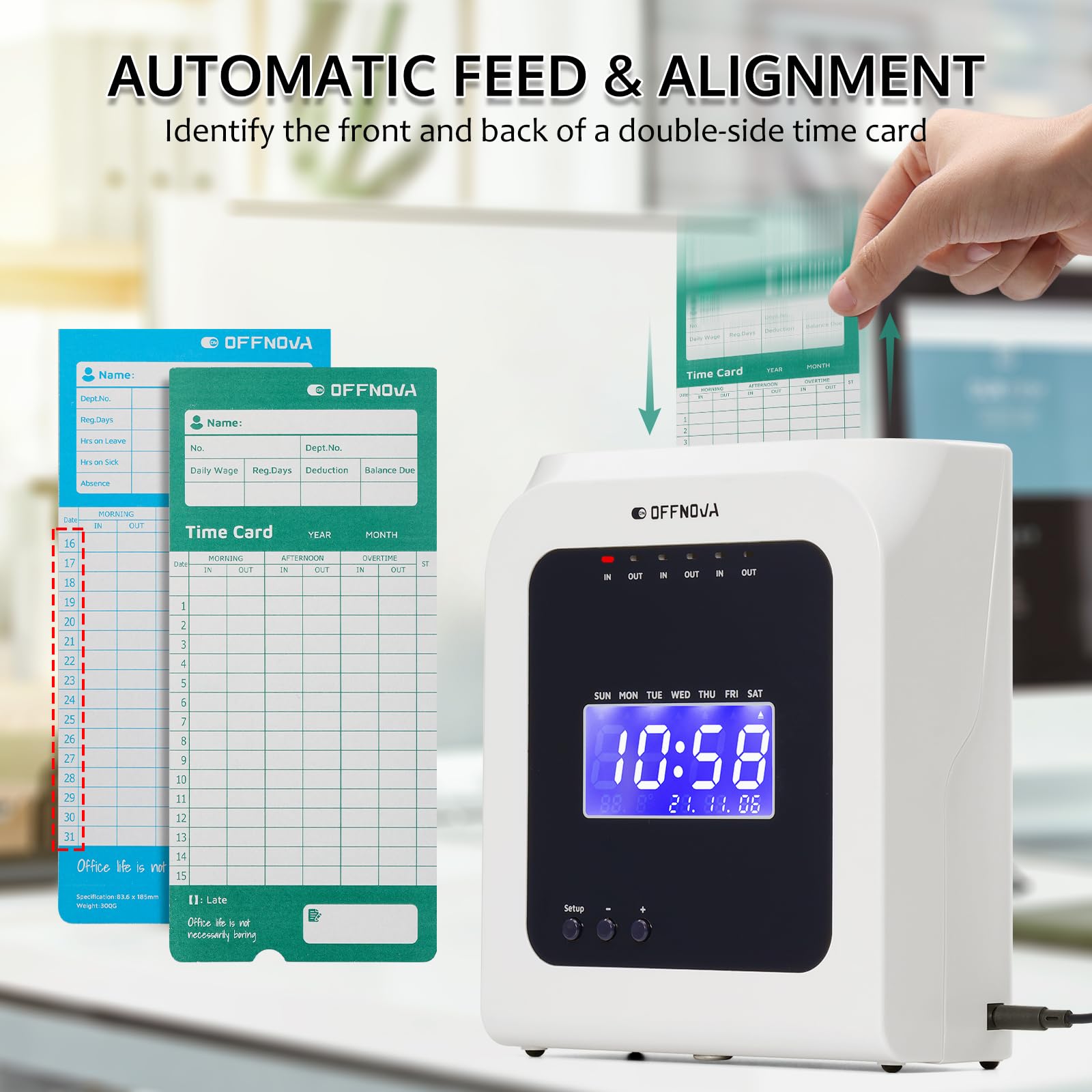 OFFNOVA Thermal Time Clock for Employees - No Ink, No Network Required - Punch In/Out Time Attendance Machine with 50 Time Cards - Perfect for Small Businesses, Retail Stores & Offices