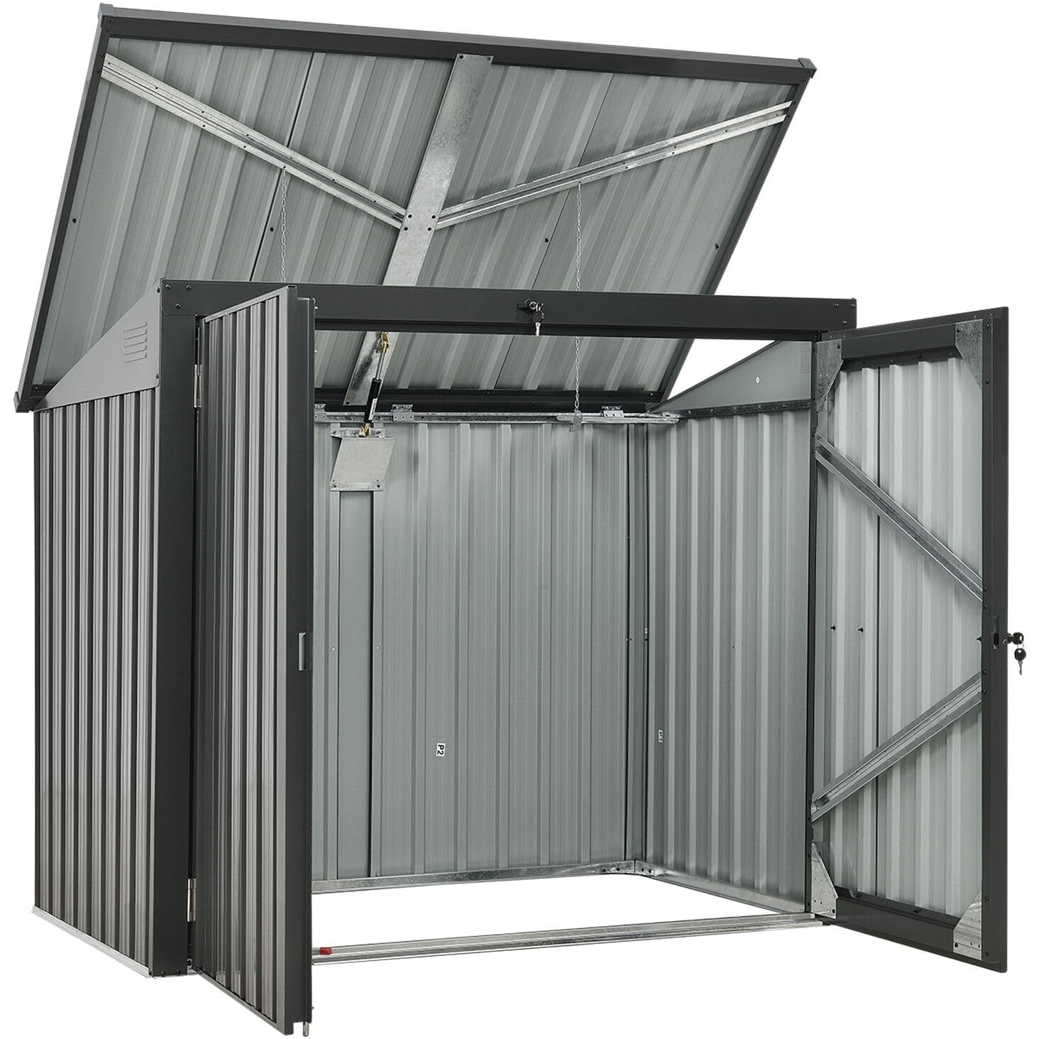 Hanover Outdoor Storage Shed for Trash & Recycling Bins - 3.3x5.2x4.4ft Galvanized Steel Pent Roof Shed with 2-Point Locking System - Holds 2 Trash Cans - Dark Gray Weatherproof Garbage Can Enclosure - Perfect for Backyard, Garage & Side Yard Waste Management