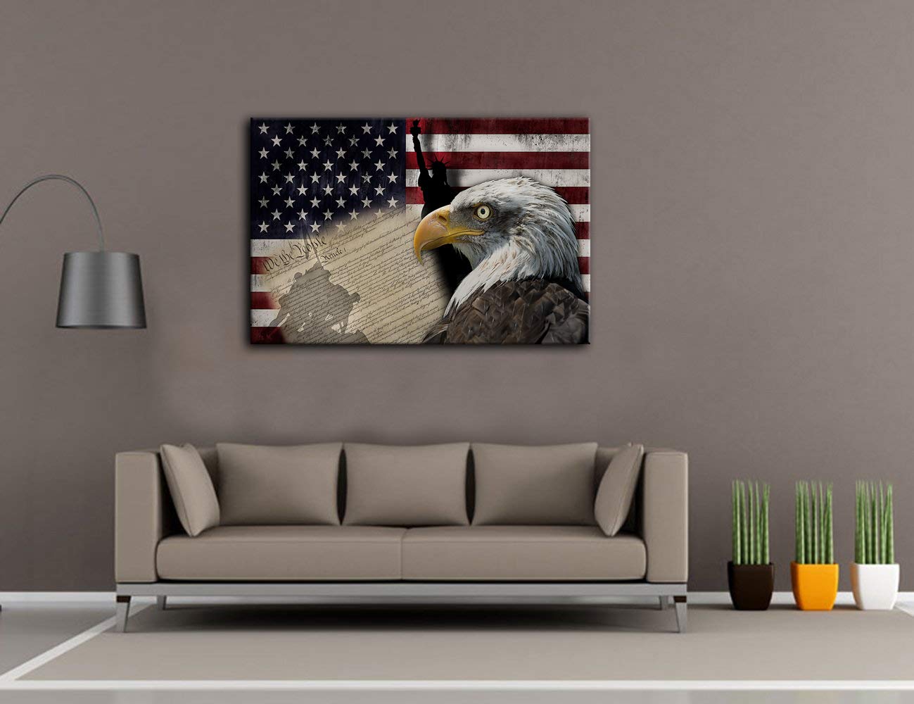 Patriotic American Flag & Bald Eagle Canvas Wall Art - Statue of Liberty & US Declaration of Independence Painting - Framed Ready to Hang Home Decor for Living Room, Office & Man Cave - Perfect for Fourth of July & Veterans Day Decorations