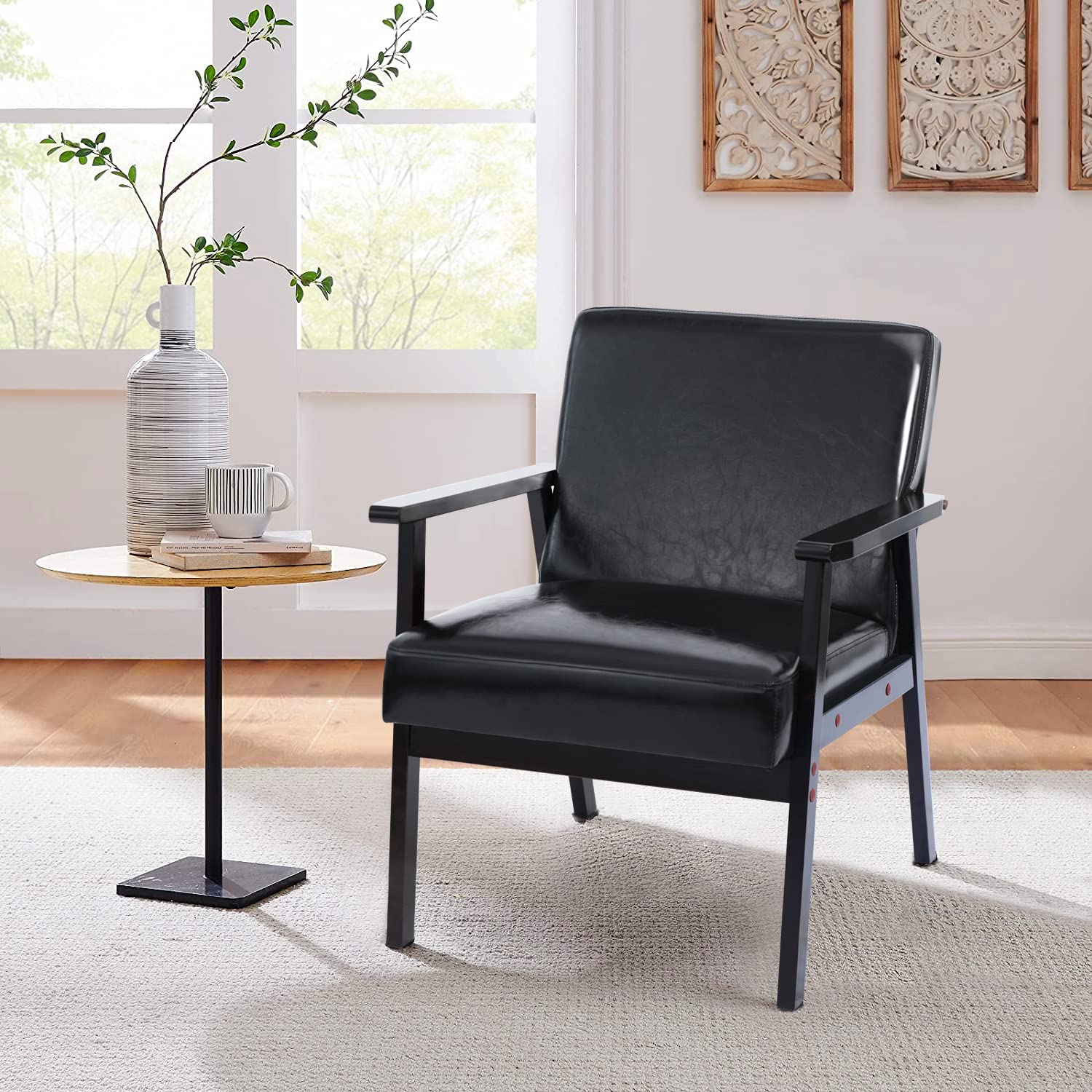 Mid-Century Modern Accent Chair - Upholstered Armchair with Wooden Frame Legs, Elegant Lounge Sofa Chair for Living Room & Bedroom - Linen Fabric Padded Reading Chair - Perfect for Home Office, Study Nook & Cozy Corners