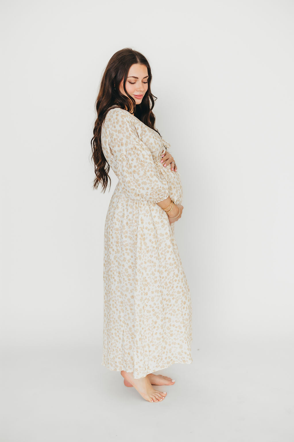 Hunter 100% Cotton Gauze Midi Dress - Natural/Fawn Floral Print | Bump Friendly Maternity Dress | Perfect for Summer, Beach & Pregnancy Photoshoots