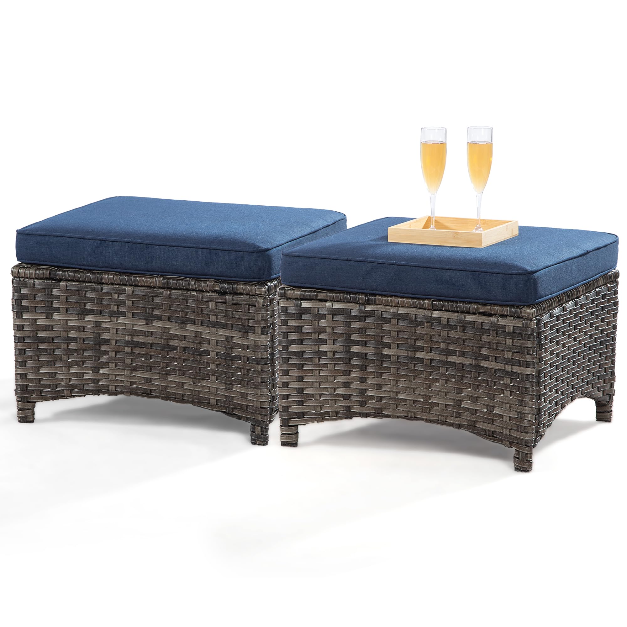 2-Pack Outdoor Wicker Ottomans with Removable Olefin Cushions - PE Rattan Steel Frame Patio Footstools in Navy Blue - Perfect for Backyard, Deck & Garden Seating
