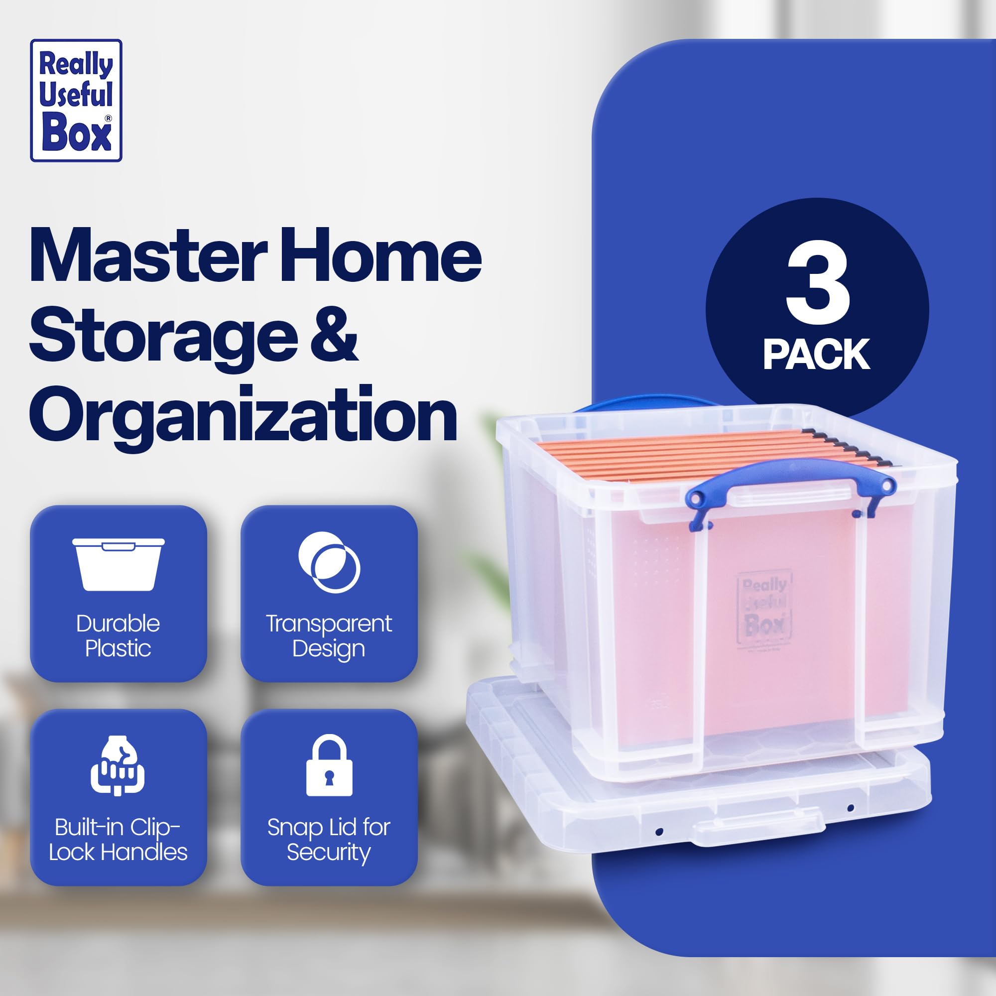 Really Useful Box 3 Pack - 32 Liter Clear Plastic Stackable Storage Bins with Lids | Organize Home, Office & Garage | Durable Storage Containers for Clothes, Toys & Supplies