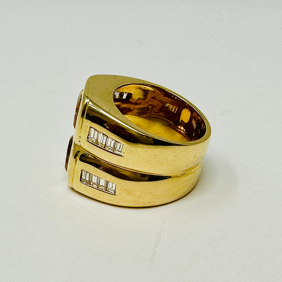 18K Gold Twin Ring with 2 Cushion Citrine & 16 Baguette Diamonds - Elegant Jewelry for Weddings, Anniversaries & Special Occasions