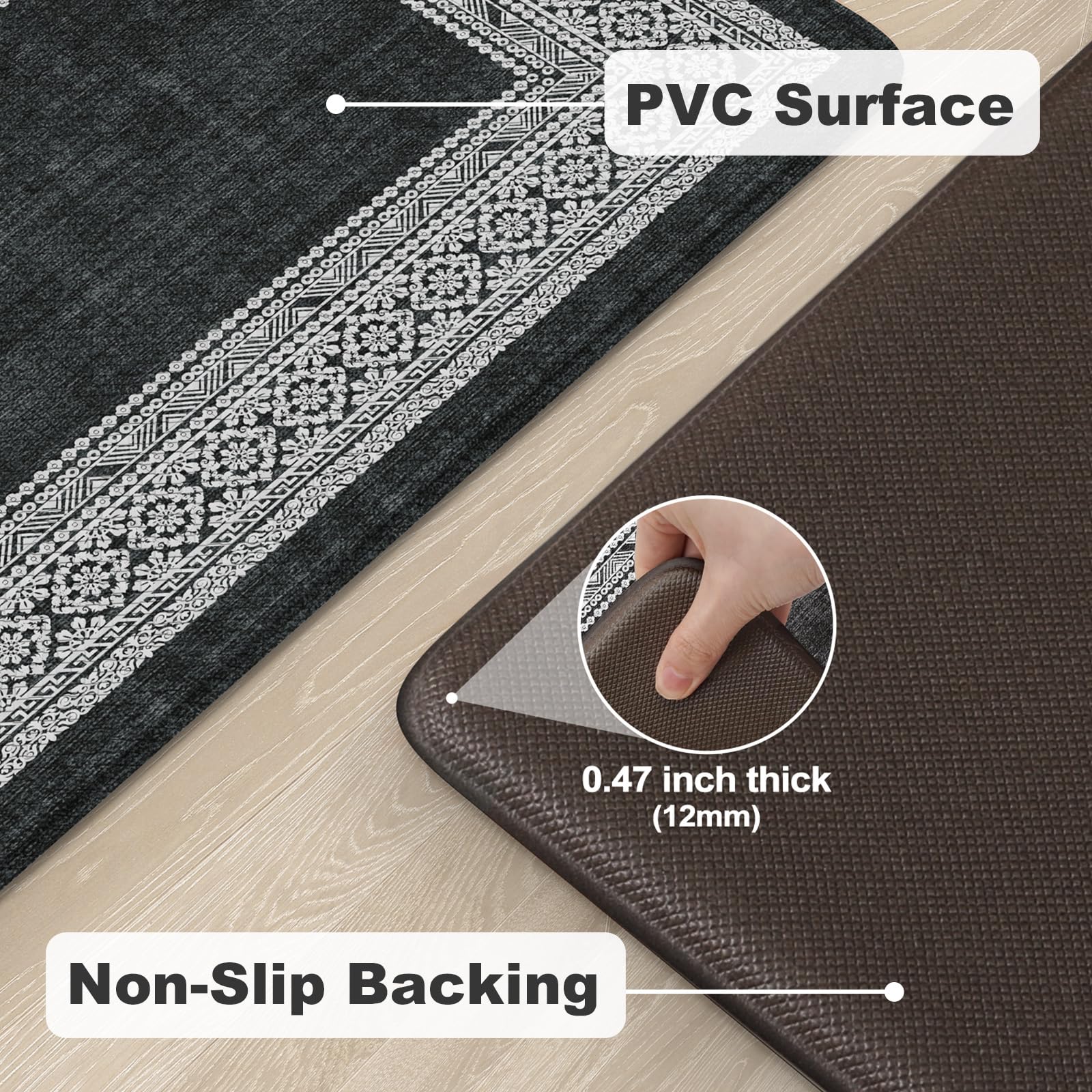 2-Pack Anti-Fatigue Kitchen Floor Mats - Waterproof Memory Foam Standing Mat for Kitchen, Bathroom, Laundry & Office - Black Non-Slip Cushioned Rug for Comfortable Standing All Day