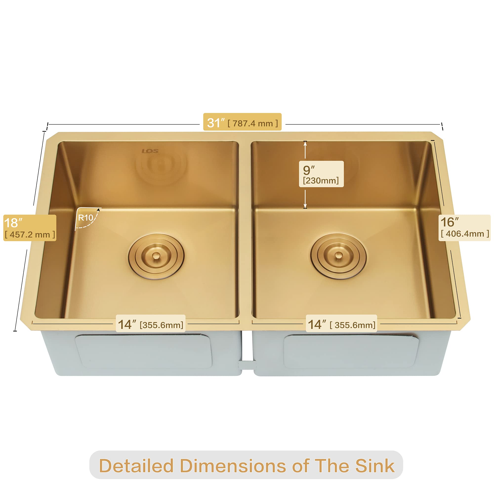 LQS 31 Inch Undermount Double Bowl Stainless Steel Kitchen Sink with Accessories - Gold Finish for Modern Farmhouse & Luxury Home Kitchen Renovation