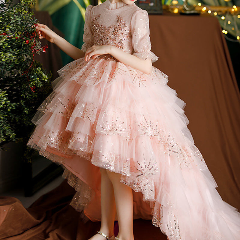 Baby Girl Birthday Dress with Stand Collar, Tulle & Sequins - Elegant Princess Gown for Special Occasions | Perfect for Birthday Parties, Photo Shoots & Formal Events