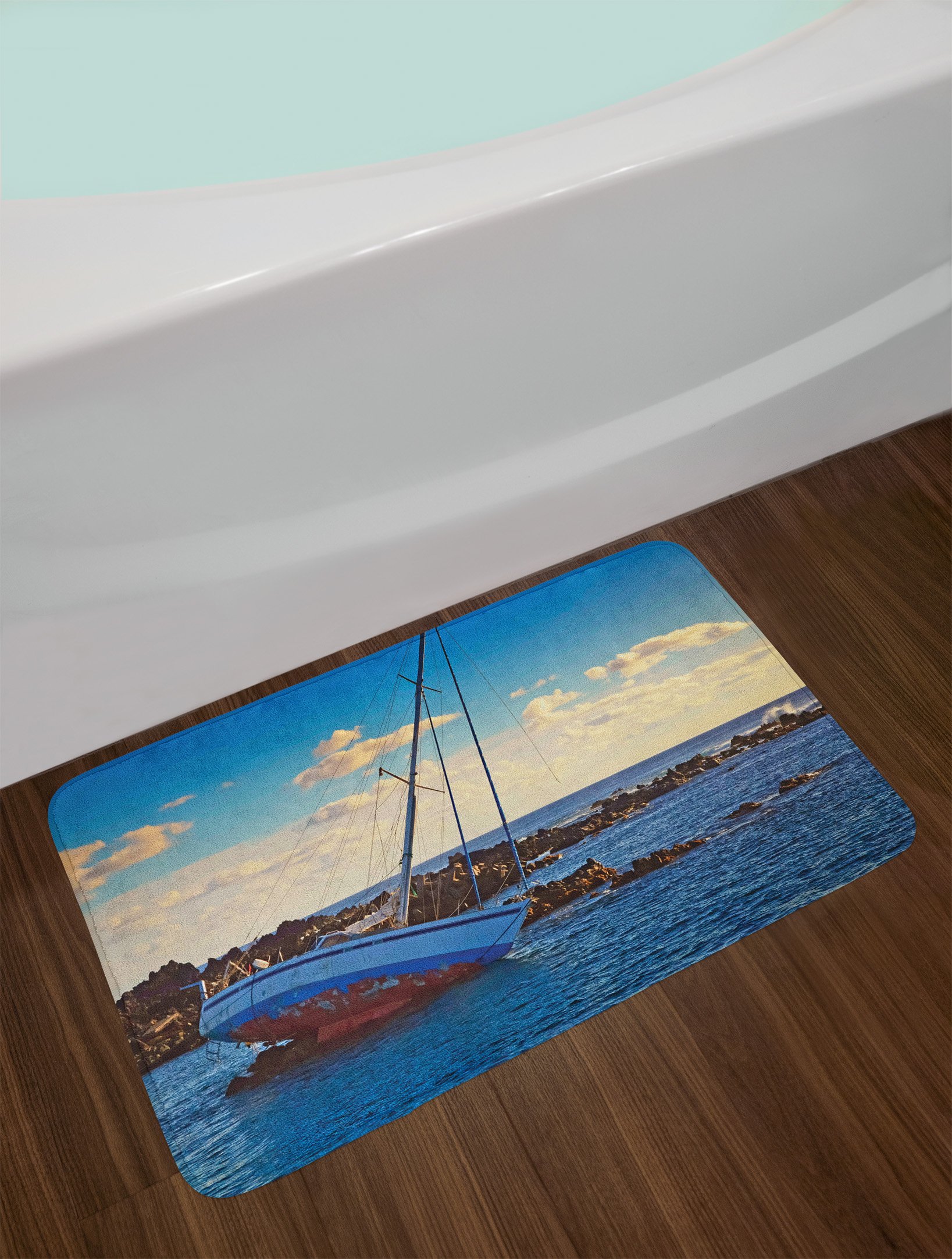 Ambesonne Non-Slip Plush Bath Mat - Shipwreck & Yacht Coastal Scene with Ledge Rocks, 30.2 x 20 Inches, Blue & Brown - Perfect for Bathroom Decor, Beach House, or Nautical Theme