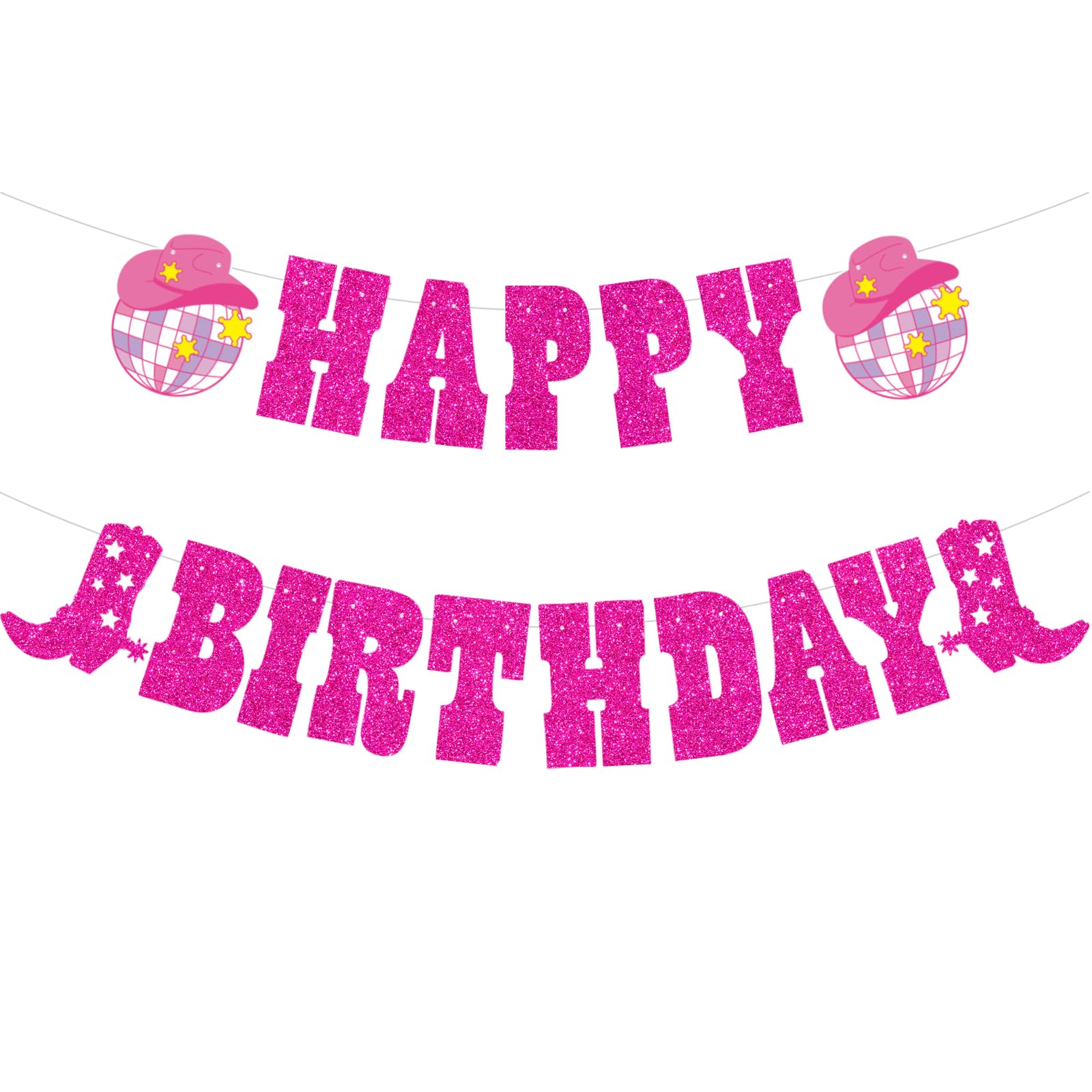 Western Cowgirl Happy Birthday Decorations - Glitter Banner with Boot & Cowgirl Hat Disco Ball Garland for Bachelorette Party, Girls Birthday & Western Theme Events - Perfect for Country Dance Parties, Cowgirl Birthday Bash & Western Decor