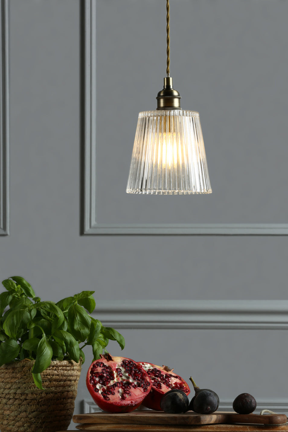 Callaghan Pendant Light Fixture - Polished Nickel & Antique Brass with Ribbed Glass Shade, E14 Base - Perfect for Dining Room, Kitchen Island or Bedroom Lighting