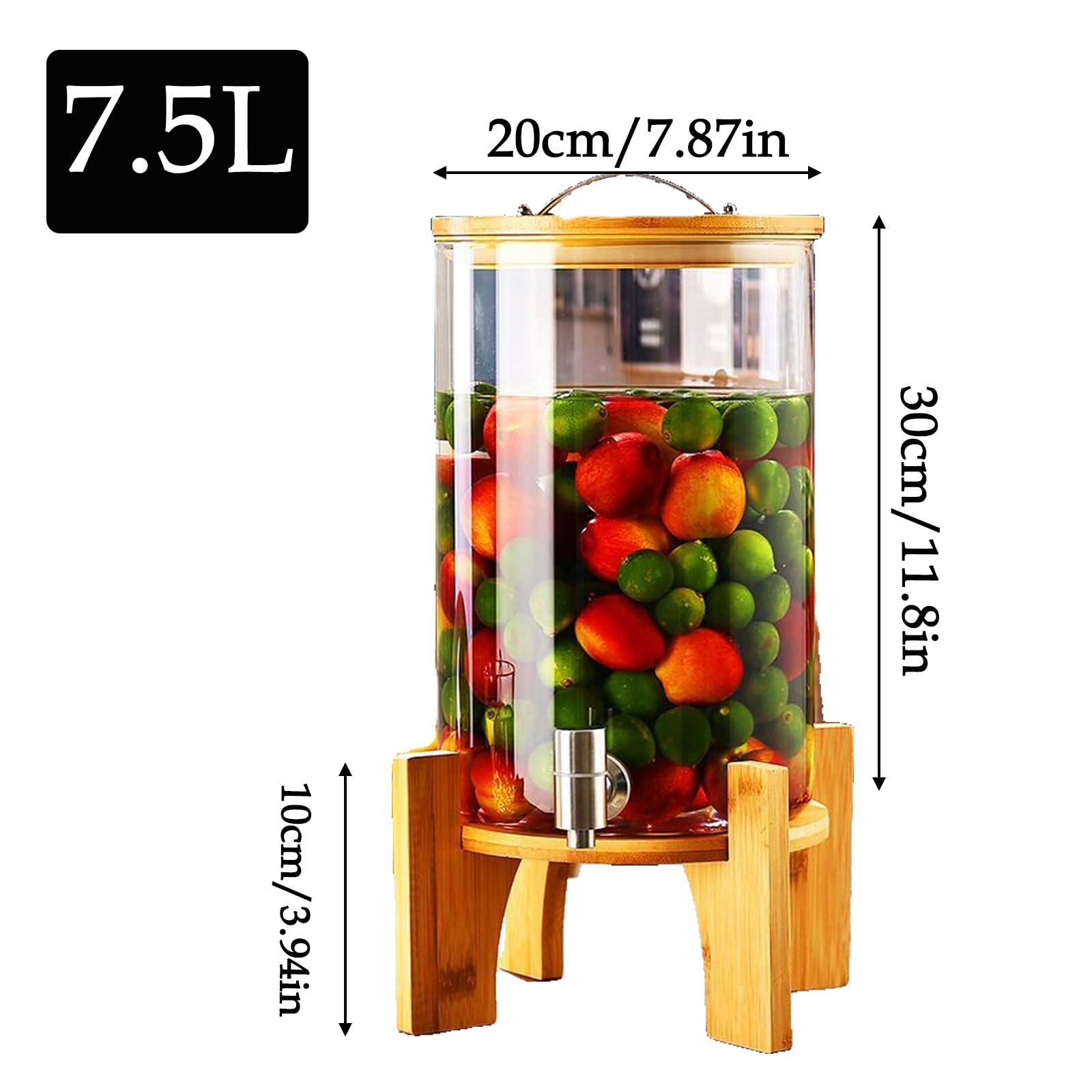 7.5L Glass Beverage Dispenser with Wooden Stand & Faucet - Iced Water Drink Dispenser for Parties, Weddings, Daily Use - Cold Beverage Machine with Bracket