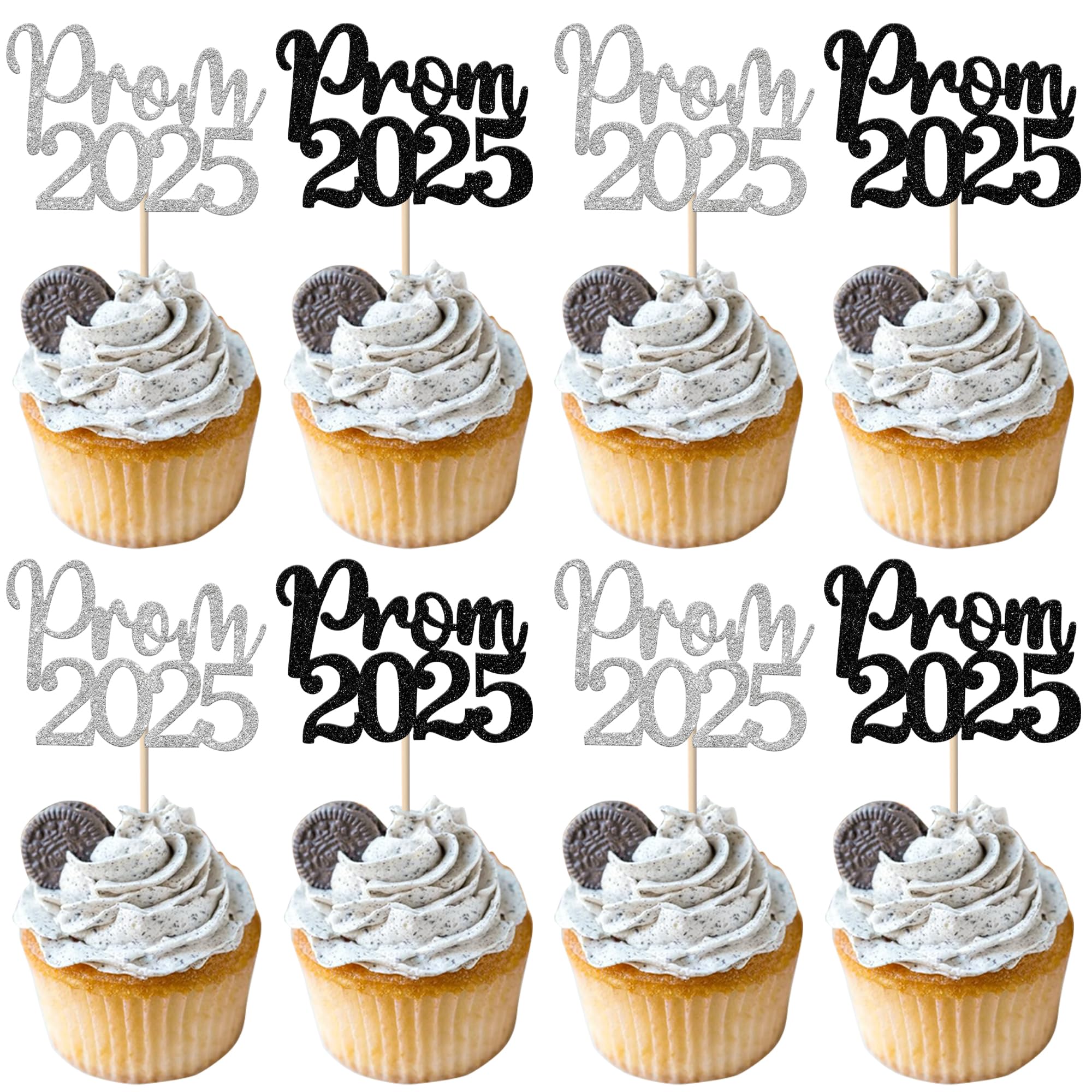 24 Pack 2025 Graduation Cupcake Toppers - Glitter Prom & College Cake Decorations for Class of 2025 Theme Party - Black & Silver Congrats Picks - Perfect for Graduation Celebrations, School Events & Birthday Cakes