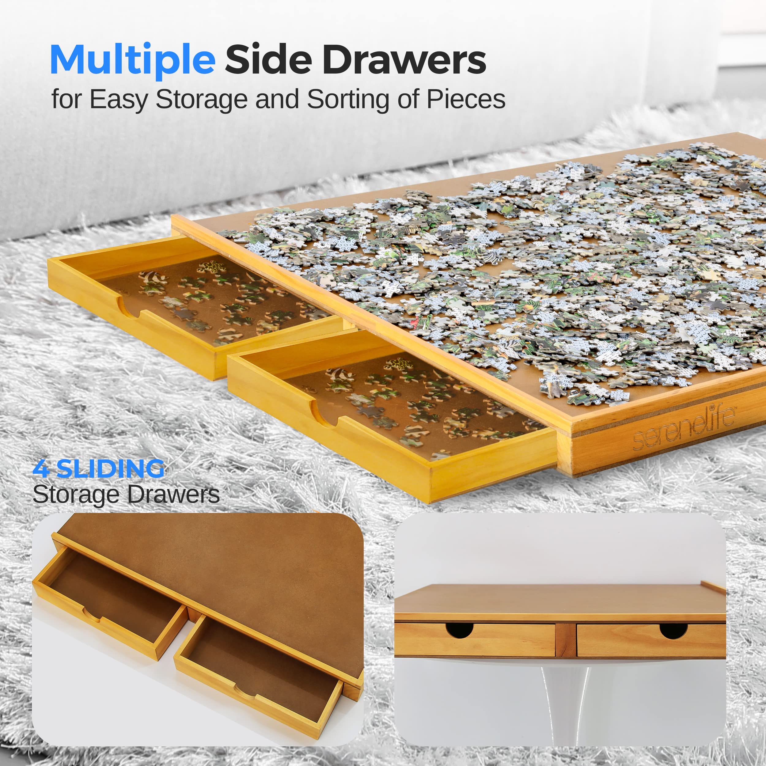 SereneLife 1500-Piece Portable Jigsaw Puzzle Board with 4 Storage Drawers | Detachable Puzzle Keeper & Non-Slip Surface | Wooden Puzzle Table for Adults & Family Game Night | Perfect for Travel, Home Decor & Relaxation Activities