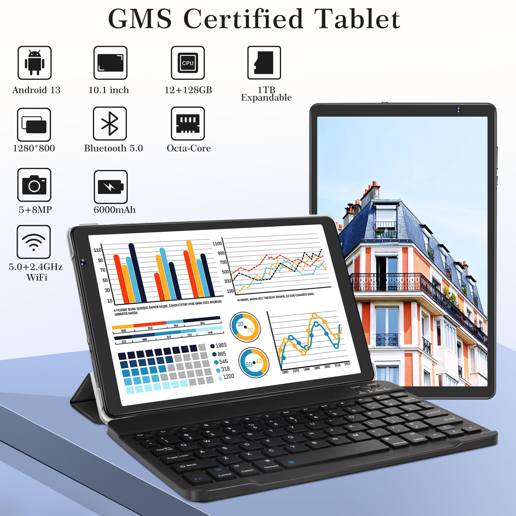 SEBBE 10 Inch Android 13 Tablet PC - 12GB RAM 128GB ROM (Expandable to 1TB), Octa-Core 2.0GHz, Bluetooth 5.0, 5G WiFi, 6000mAh Battery, HD 1280x800 Display, 5MP+8MP Dual Camera - Includes Keyboard & Mouse (Black) - Perfect for Work, Study, and Entertainment