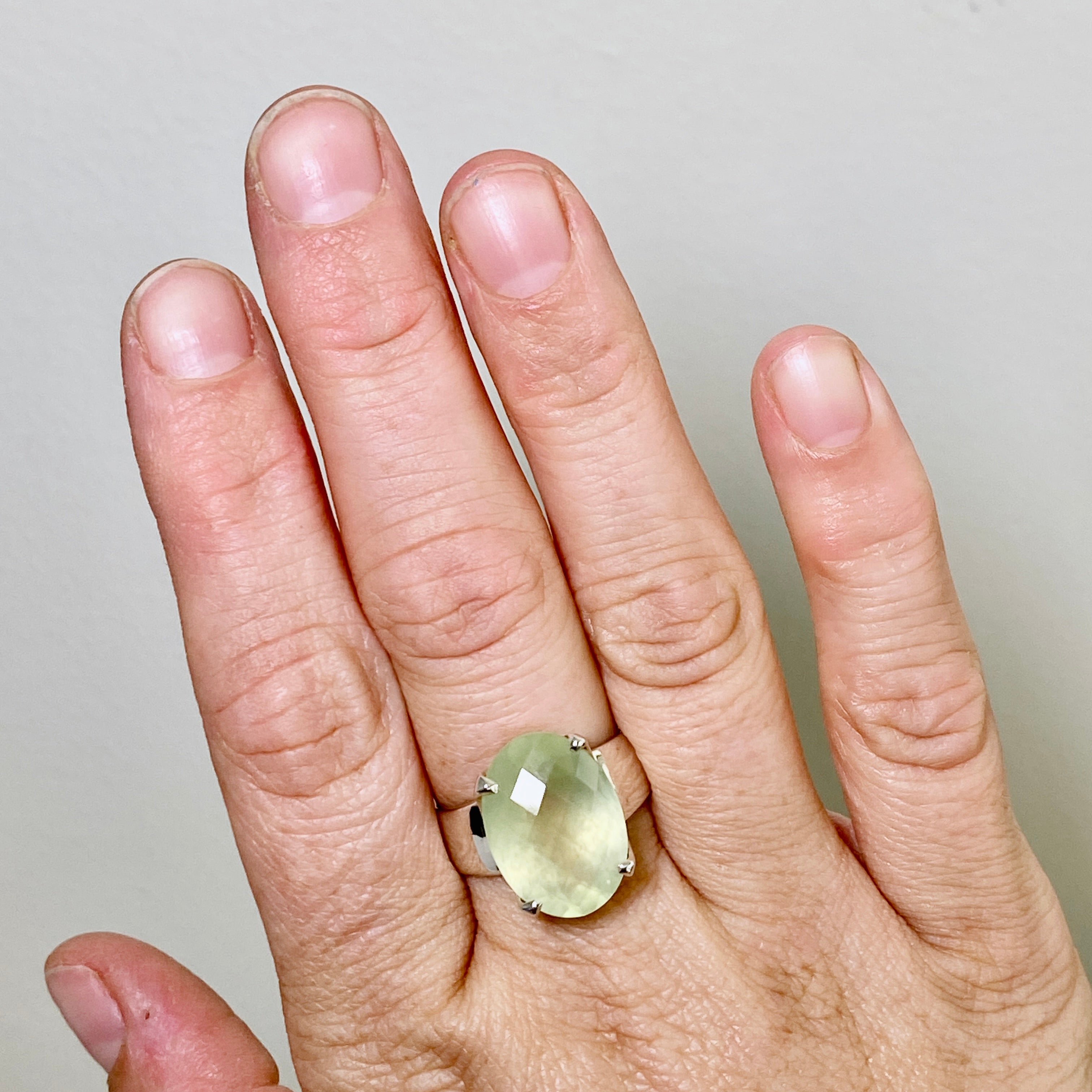 Prehnite Oval Checkerboard Faceted Ring Size 10 - Natural Gemstone Jewelry for Women, Elegant Statement Ring for Wedding, Party & Special Occasions
