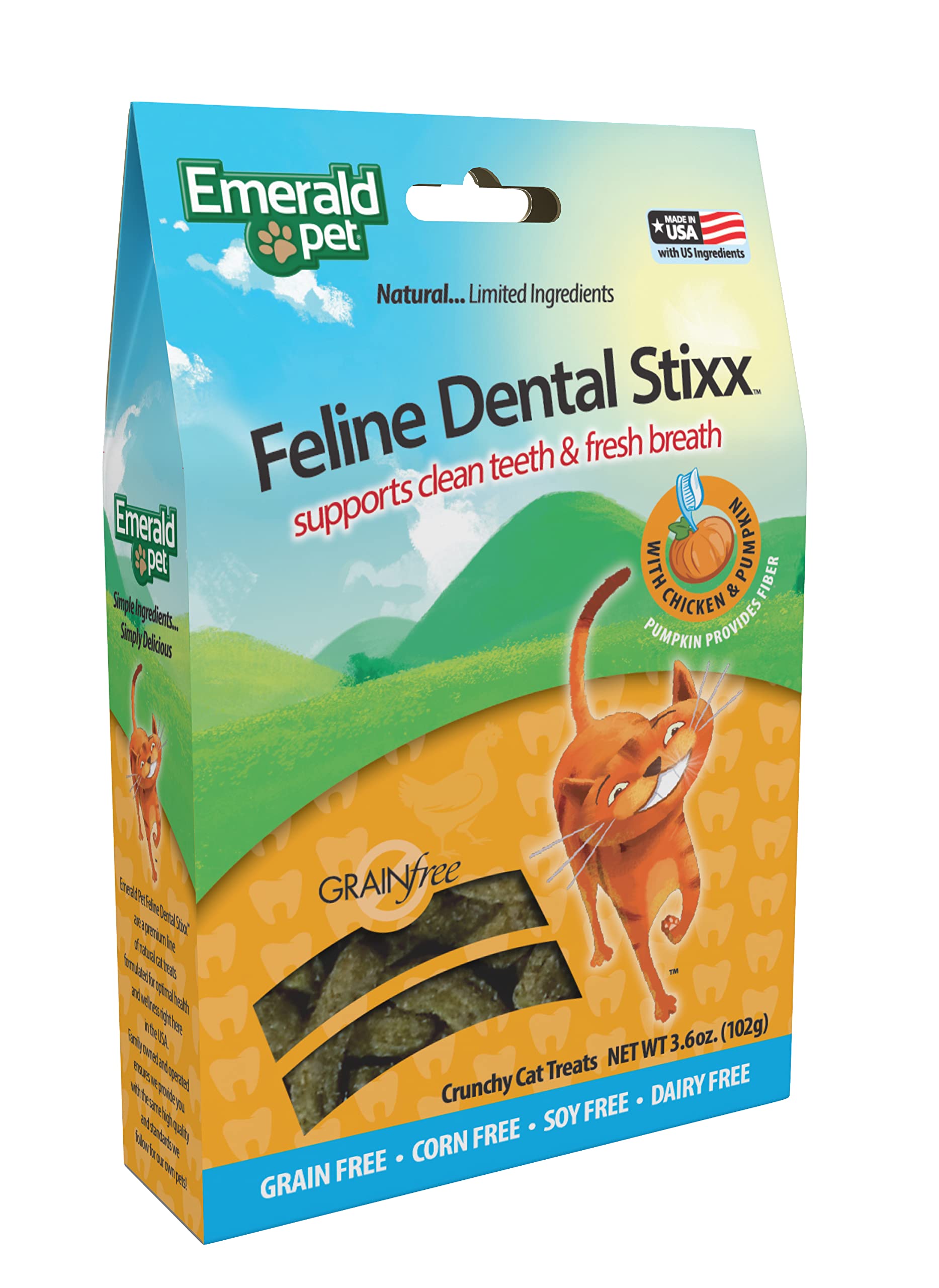 Emerald Pet Feline Dental Stixx - Grain Free Cat Dental Treats with Pumpkin for Digestive Health & Fresh Breath - Crunchy Chicken Flavor Dental Sticks for Clean Teeth - 3.6 oz - Perfect for Daily Oral Care & Playtime Rewards