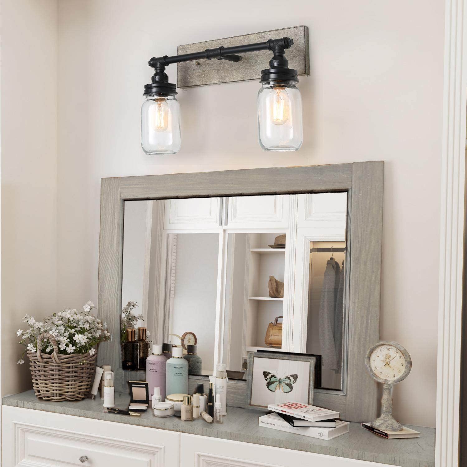 LALUZ Farmhouse Vanity Light Fixture with Mason Jar Shades - 2 Light Faux Wood Bathroom Sconce, Black Finish - Perfect for Rustic Bathroom, Bedroom, or Entryway Lighting