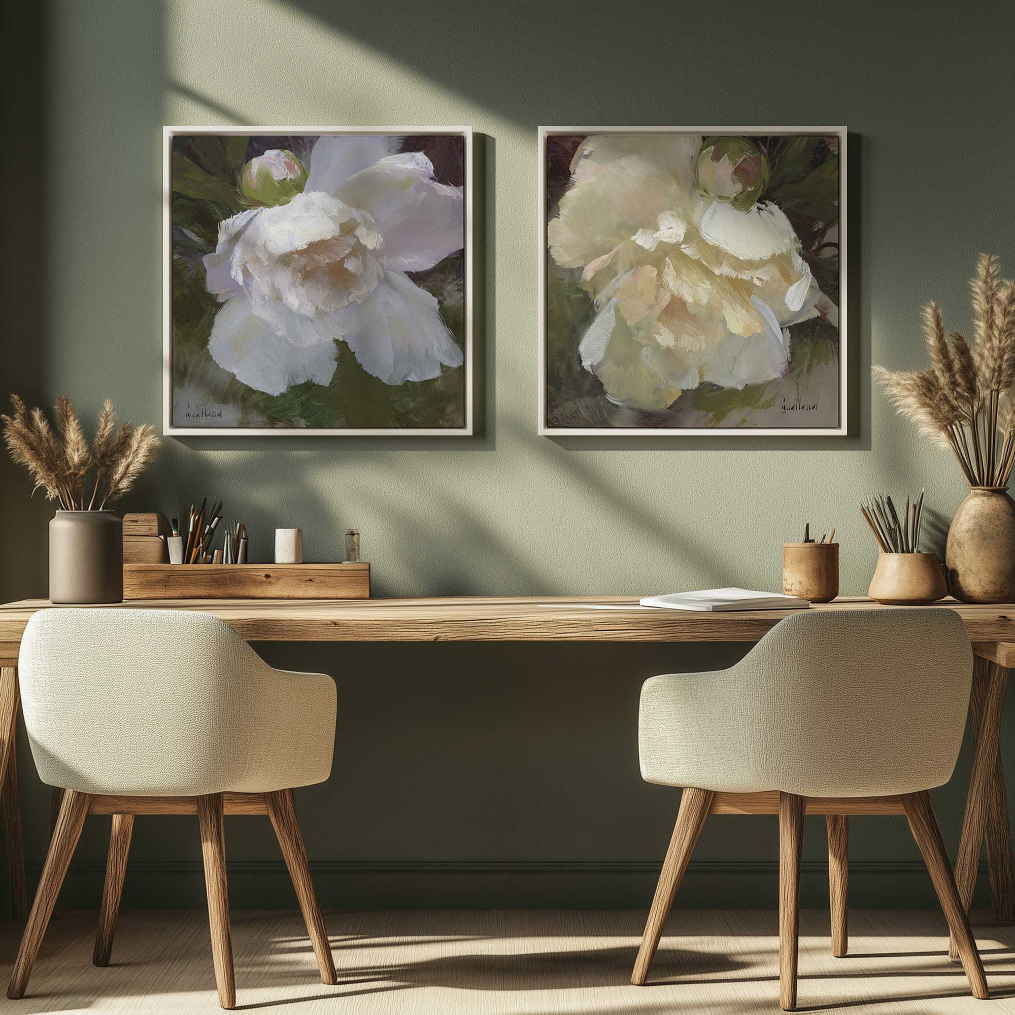 Elegant White Peony Flower Canvas Wall Art - Set of 2 Framed Prints for Home Decor | Perfect for Living Room, Bedroom & Office