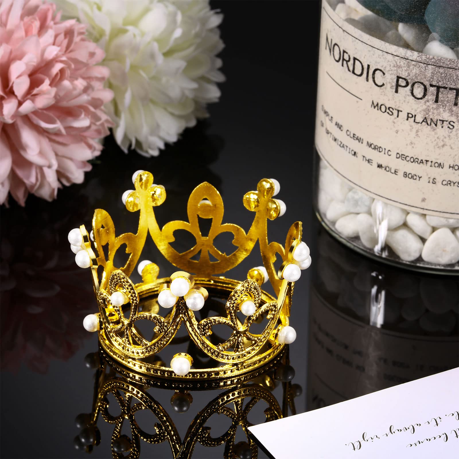 12 Pcs Mini Crown Cake Toppers - Gold Pearl Crystal Tiara for Cupcakes, Flower Bouquets, Wedding, Birthday Party Decorations | Perfect for Princess Themed Celebrations, Bridal Showers, and Festive Dessert Displays