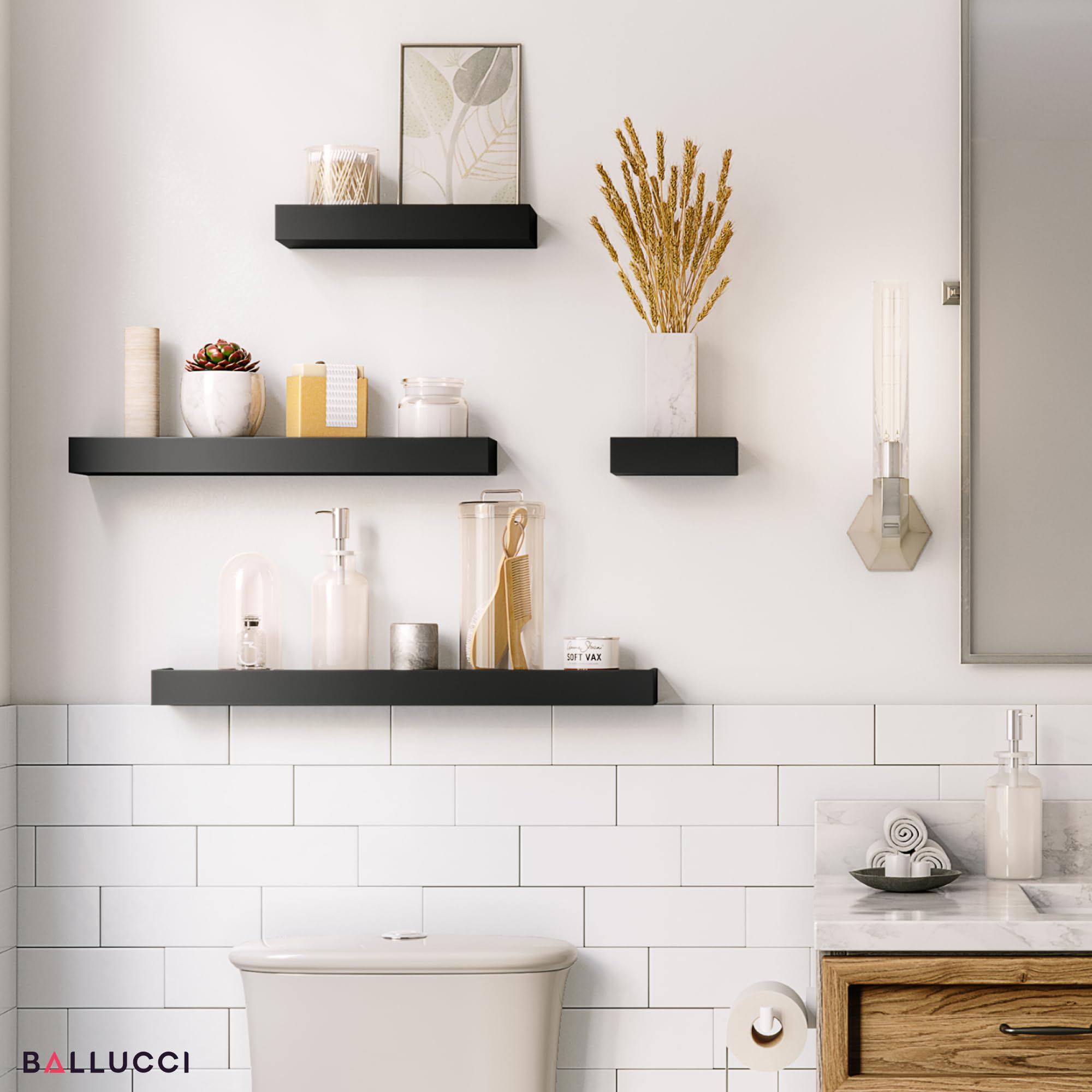 Ballucci Modern Ledge Wall Shelves - Set of 4 Wood Floating Shelves for Home Decor, Bedroom, Bathroom, Living Room, Kitchen & Nursery - Black - Perfect for Displaying Photos, Books & Decorative Items