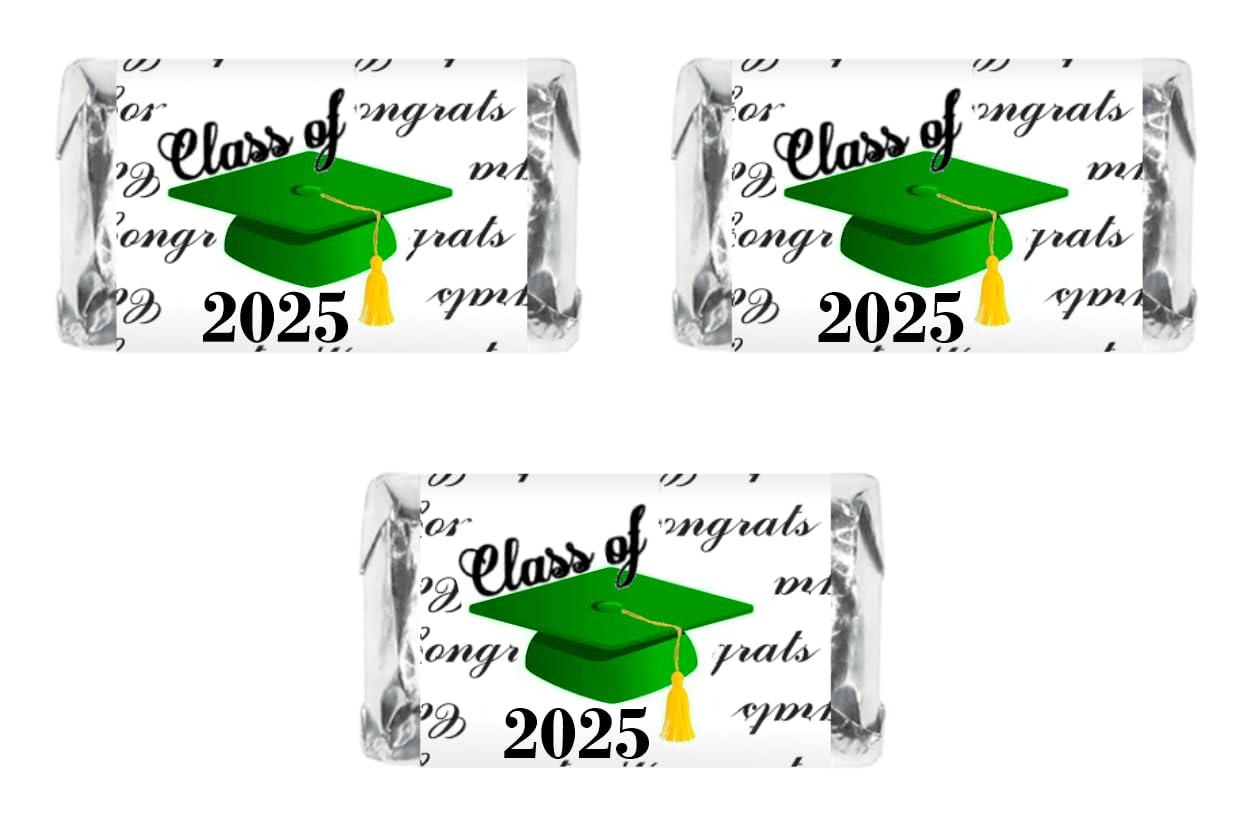 60pcs Class of 2025 Graduation Cap Mini Candy Bar Wrappers - Green DIY Chocolate Bar Stickers & Labels (Candy Not Included) | Made in USA | Perfect for Graduation Parties, School Events & Celebration Favors