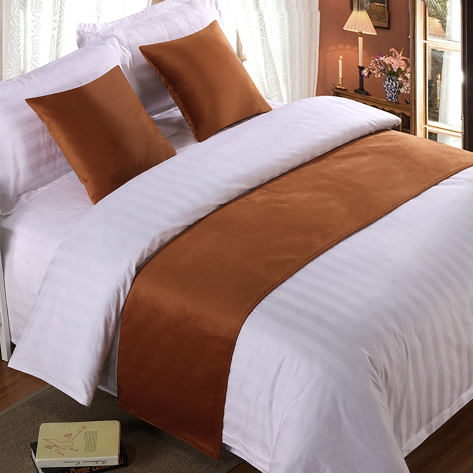 Luxury Velvet Bed Runner and Cushion Set - Soft Flannel Quilted Bed Throw Cover - Solid Color Bed End Towel for Queen, Double, Single & King Size Beds (50x240cm, Orange) - Perfect for Hotel, Bedroom Decor, Wedding & Home Staging