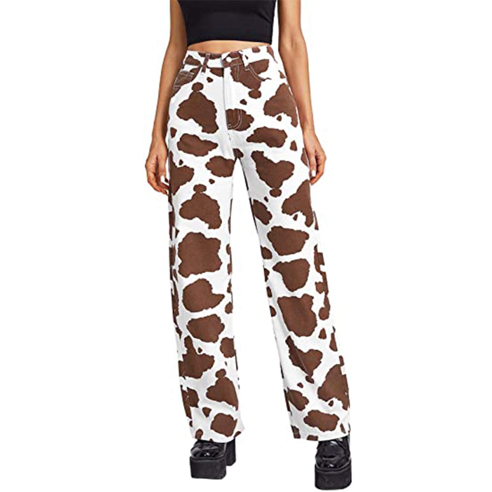 Trendy High-Waisted Cow Print Wide Leg Jeans for Women - Loose Fit Casual Denim Pants - Streetwear Fashion for Everyday Wear & Outfits