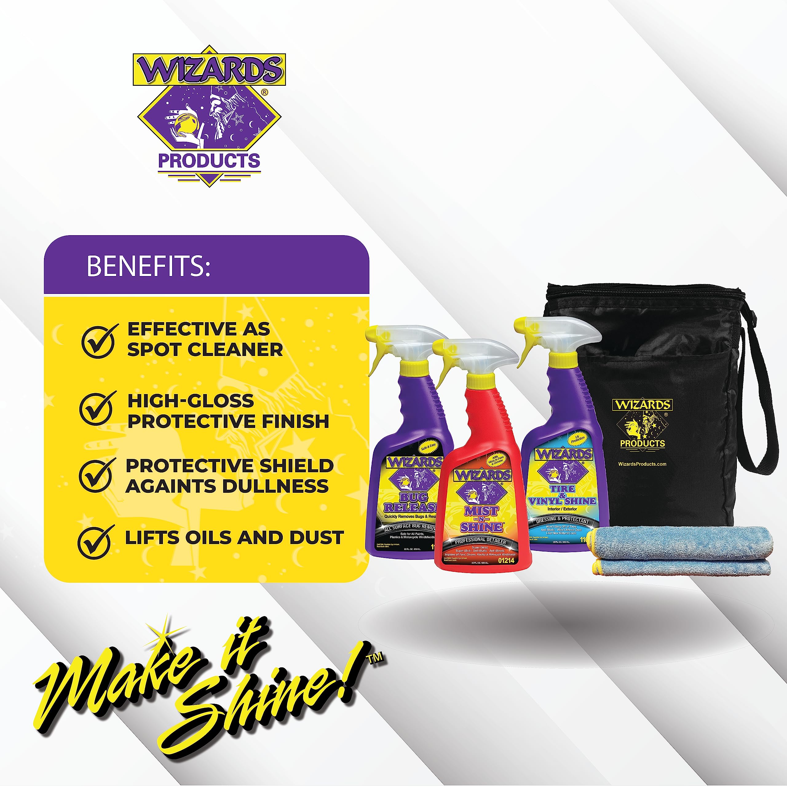Wizards 5-Piece Professional Car Detailing Kit for Beginners - Includes Microfiber Towel, Storage Bag & 22oz Spray Bottles - Perfect for Car Washing, Interior Cleaning & Auto Detailing at Home