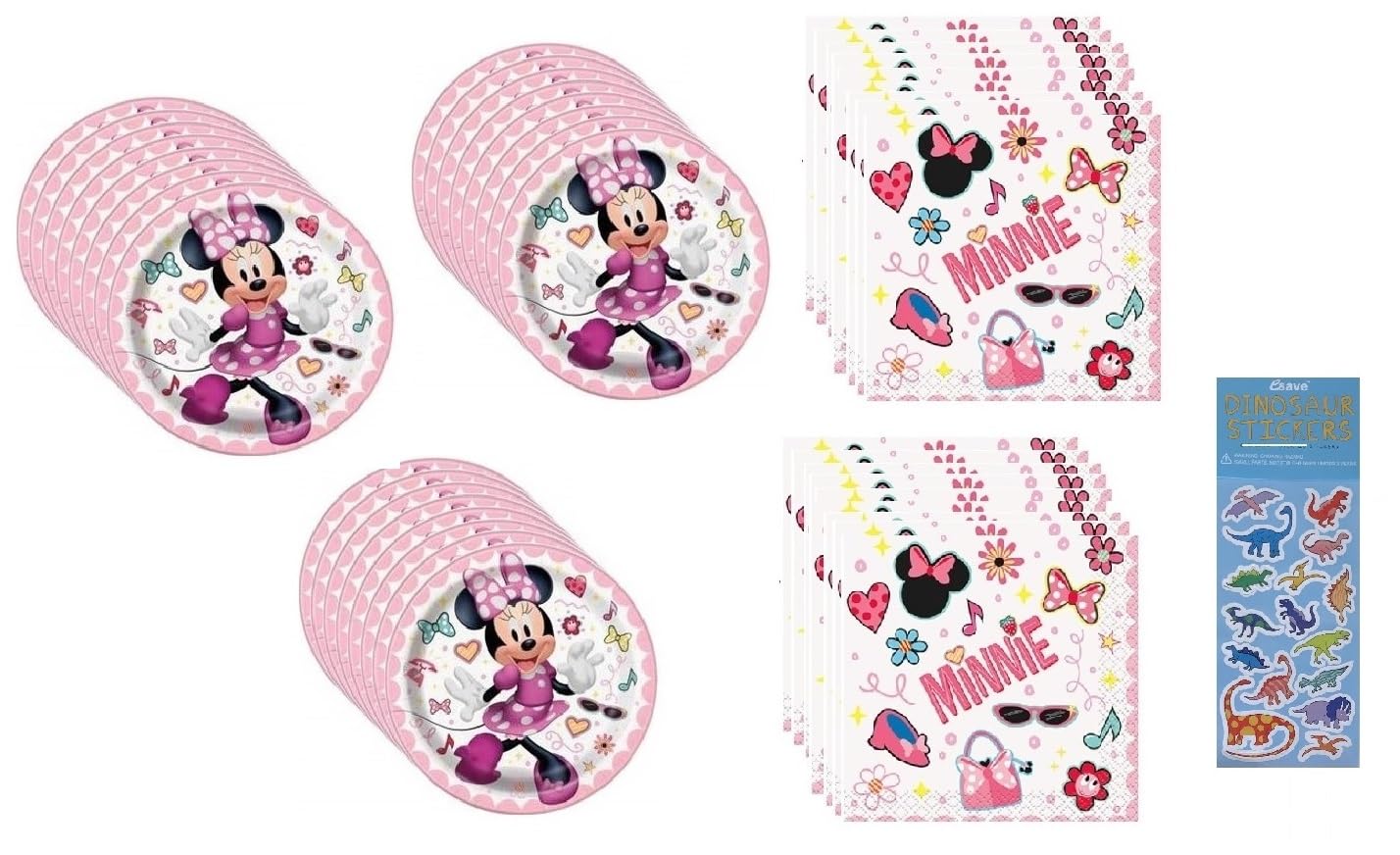 Disney Minnie Mouse Birthday Party Supplies Set - 24 Dessert Plates, 32 Beverage Napkins, 1 Dinosaur Sticker Sheet for Kids' Birthday Decorations | Perfect for Birthday Parties, Baby Showers & Themed Events