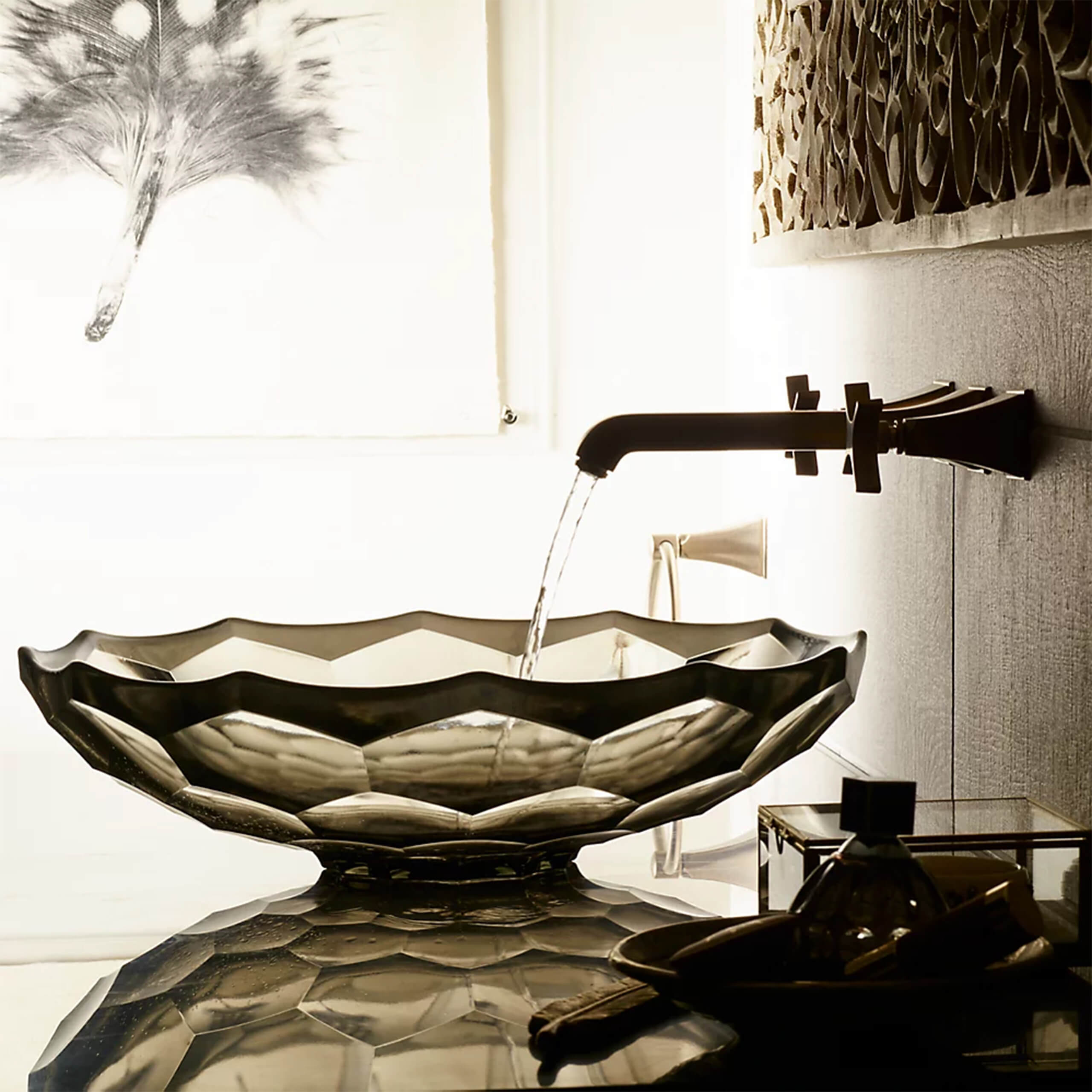 Briolette Faceted Glass Basin - Translucent Doe Design for Bathroom & Kitchen Sink | Modern Home Decor Accessory