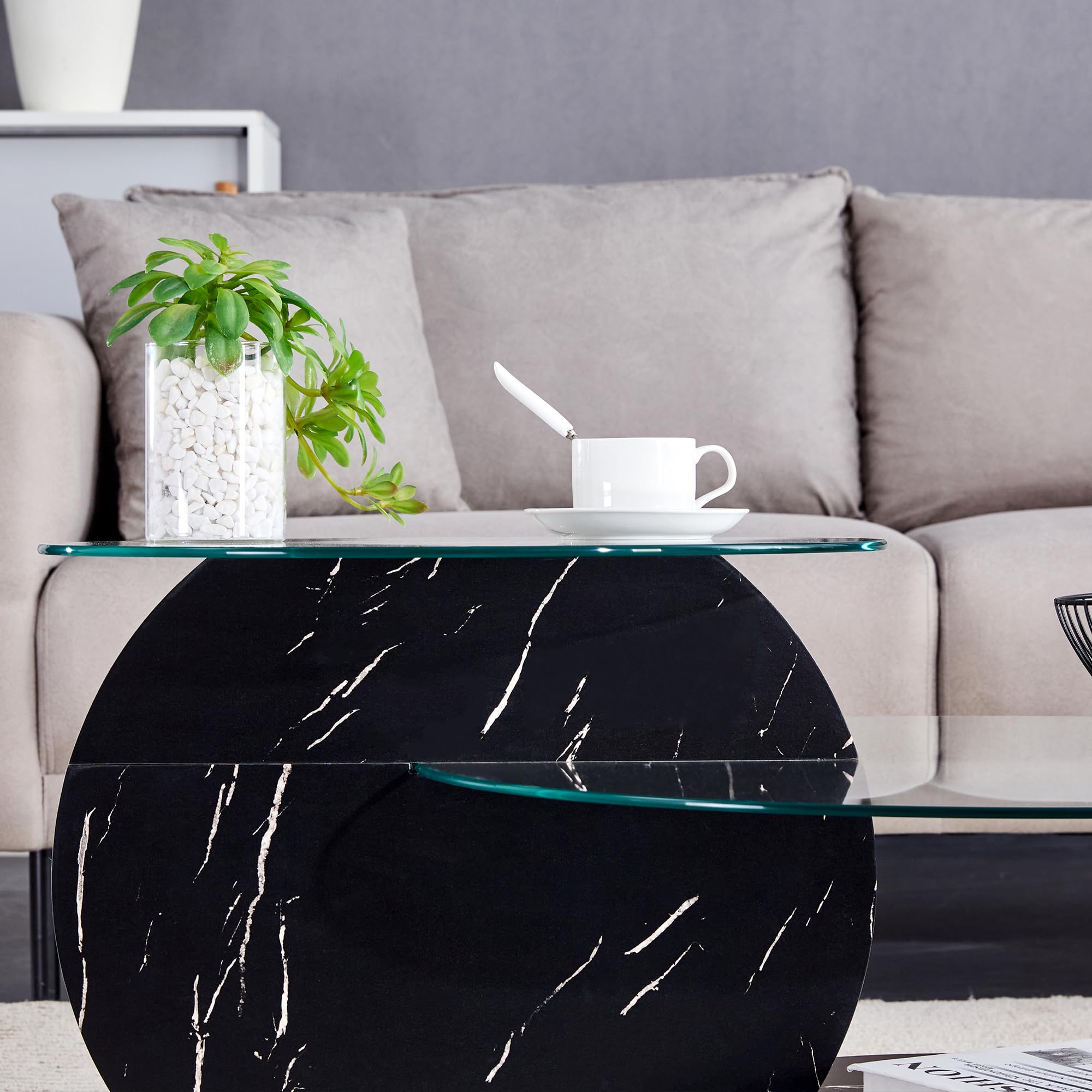Modern Round Glass Coffee Table - 35.4 Inch Double Layer Black Circle Table for Living Room, Small Space & Home Office | Perfect for Entertaining Guests & Relaxing with Coffee