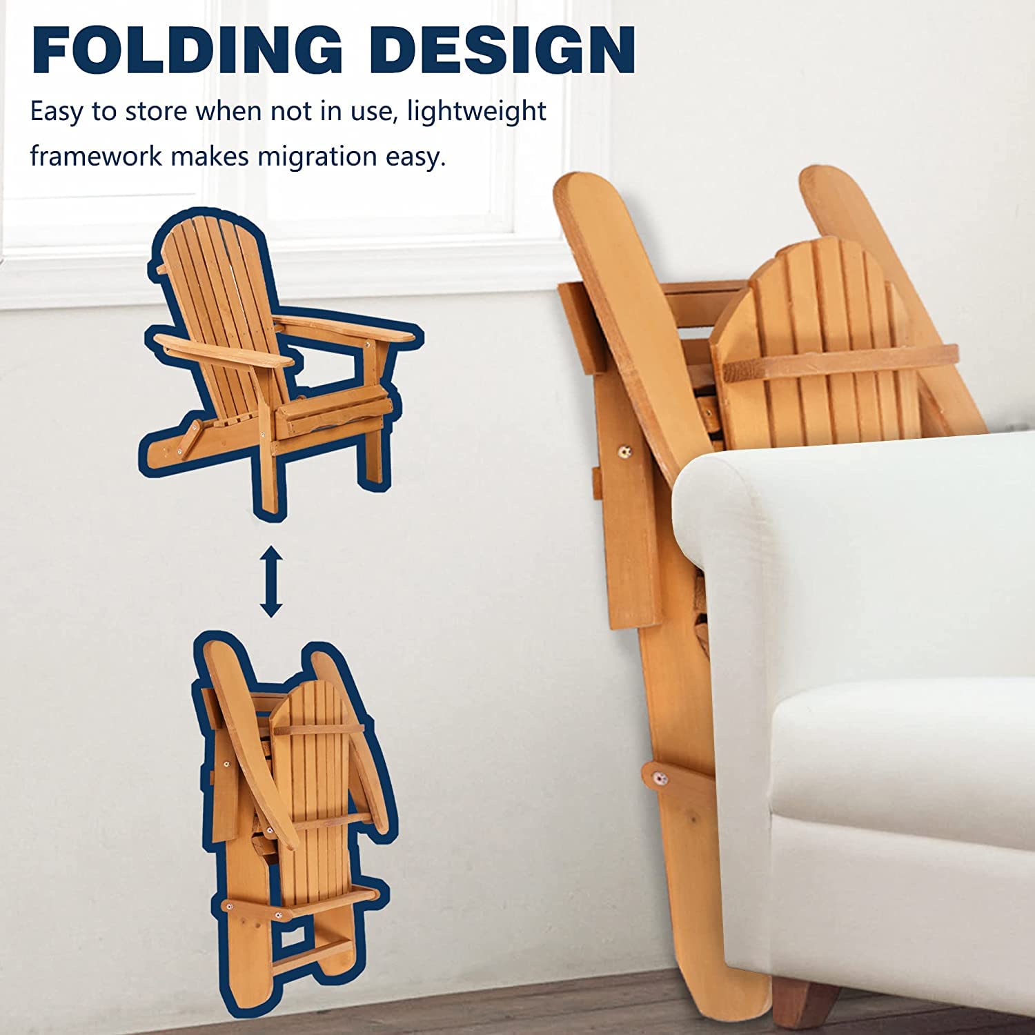 Solid Wood Folding Adirondack Chair - Weather-Resistant Outdoor Patio Furniture with Arms for Deck, Backyard, Garden & Poolside - Perfect for Relaxing, Lounging and Sunbathing