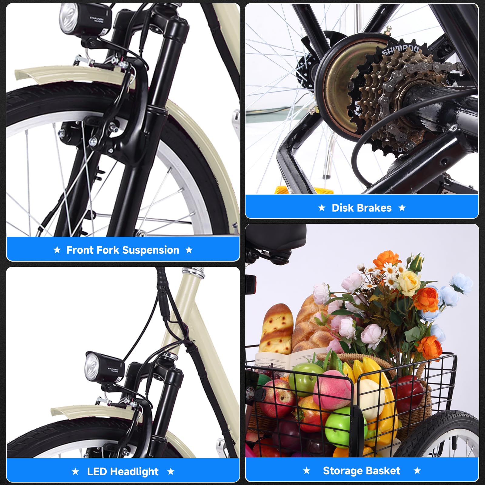 GARVEE 26 Inch Adult 3 Wheel Electric Tricycle with Basket - Fat Tires, 7 Speeds, 350W Motor, 36V 10Ah Removable Battery - Beige - Perfect for Commuting, Shopping & Leisure Rides
