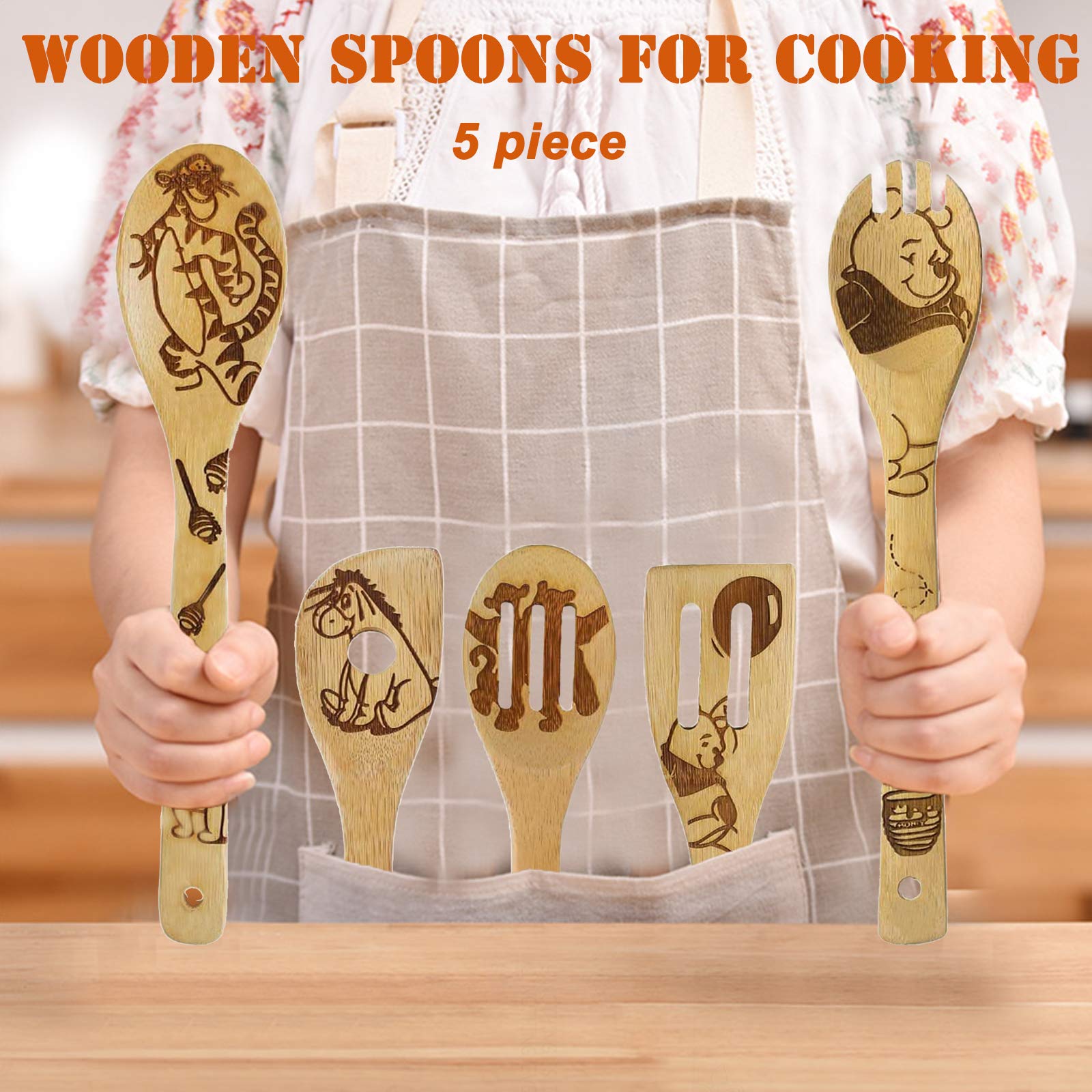 5-Piece Cartoon Wooden Spoon Set for Cooking - Winnie the Bear & Cute Tiger Kitchen Utensils - Wooden Spatula for Baking, Stirring & Decor - Perfect Gift for Women & Kitchen Lovers - Ideal for Home Cooking, Baking & Kitchen Decor