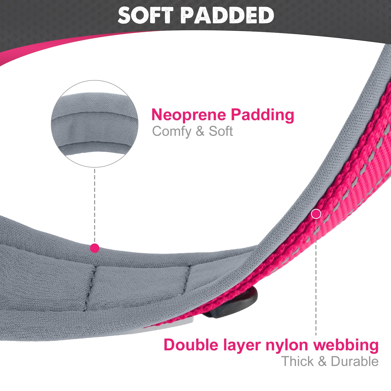 Joytale Adjustable Neoprene Padded Dog Collar for Medium Dogs - Reflective Heavy Duty Pet Collar with Durable Metal Buckle - Hot Pink Size M - Perfect for Walking, Training & Outdoor Adventures
