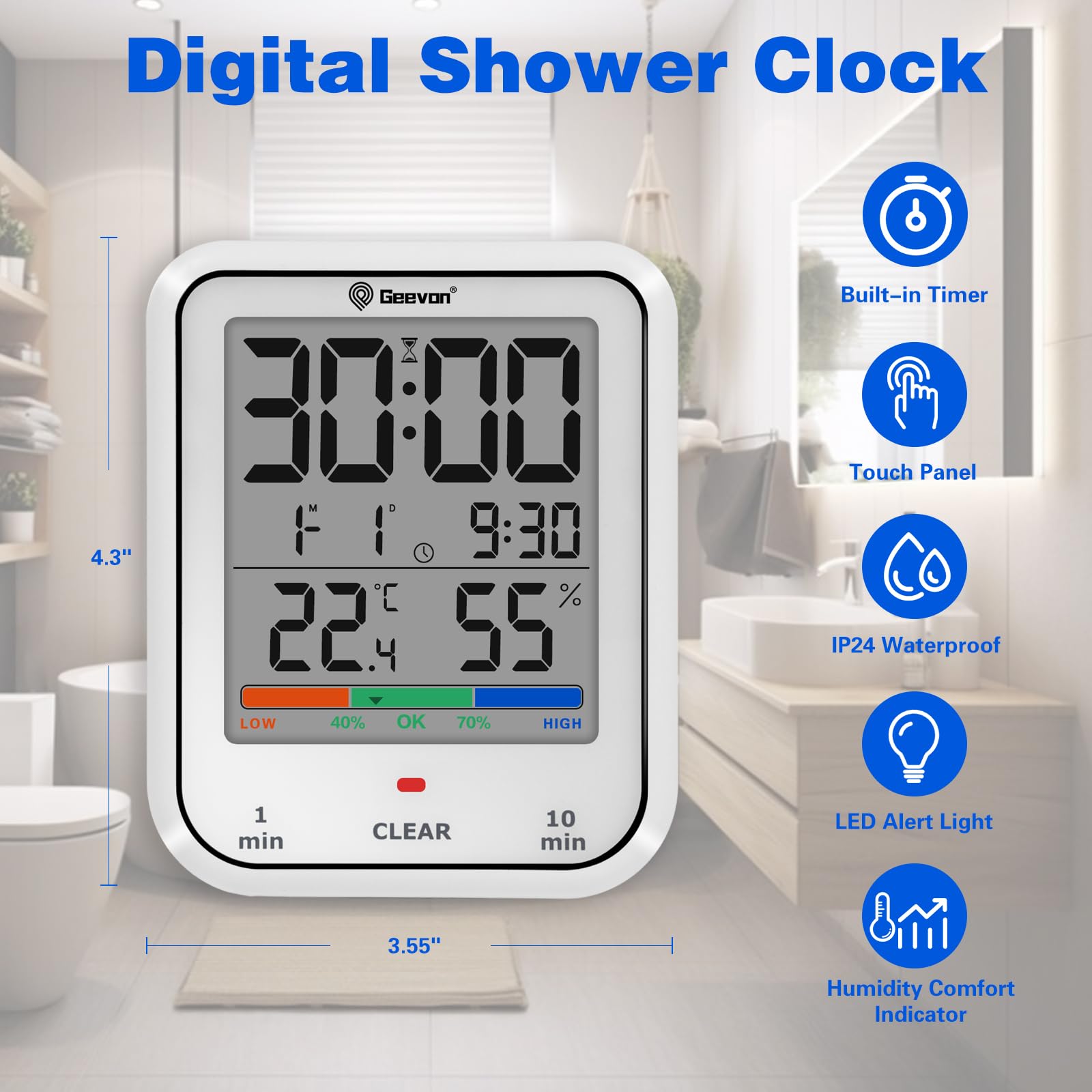 Geevon Digital Bathroom Clock - Waterproof Shower Timer with Large Touch Screen, Battery Operated Wall Clock with Temperature & Humidity Display - Suction Cup/Hanging Hole/Stand (White) - Perfect for Bathroom, Shower, Kitchen, Gym & Home Decor