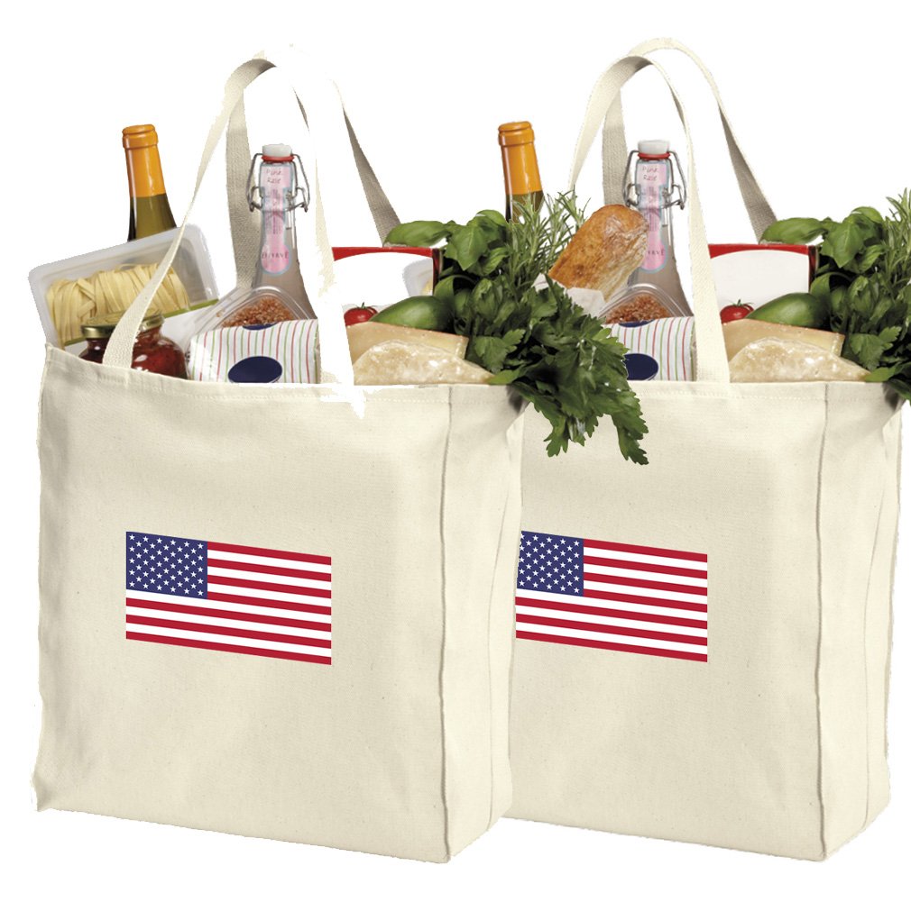 2 Pack Reusable American Flag Grocery Bags - Eco-Friendly Cotton Shopping Tote Bags with USA Flag Design | Perfect for Grocery Shopping, Farmers Markets & Patriotic Events