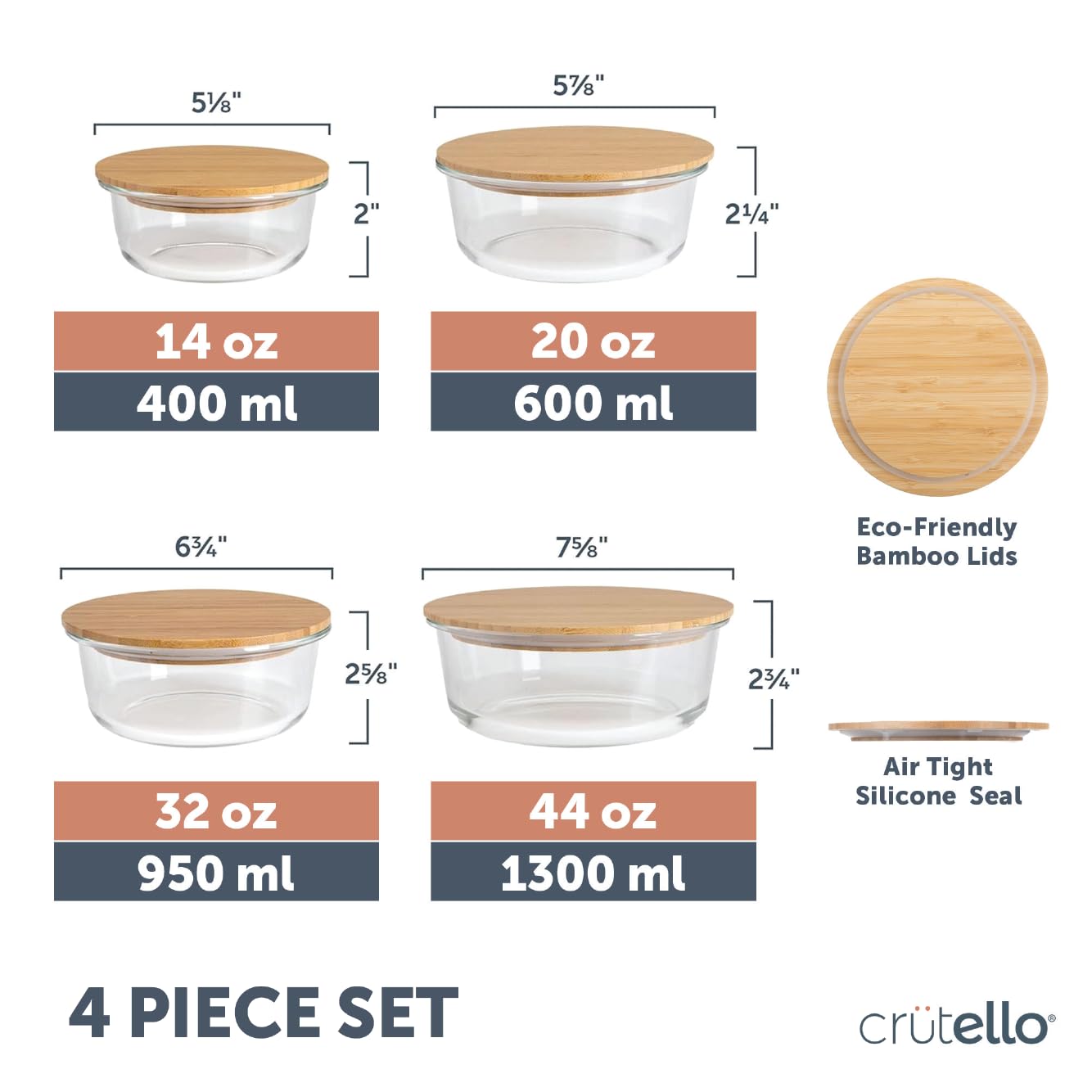 Crutello Glass Meal Prep Containers with Bamboo Lids - 4 Pack Airtight Clear Food Storage Containers for Kitchen Organization | BPA-Free, Leakproof & Stackable | Perfect for Meal Prepping, Leftovers & Pantry Storage | Family-Owned American Brand