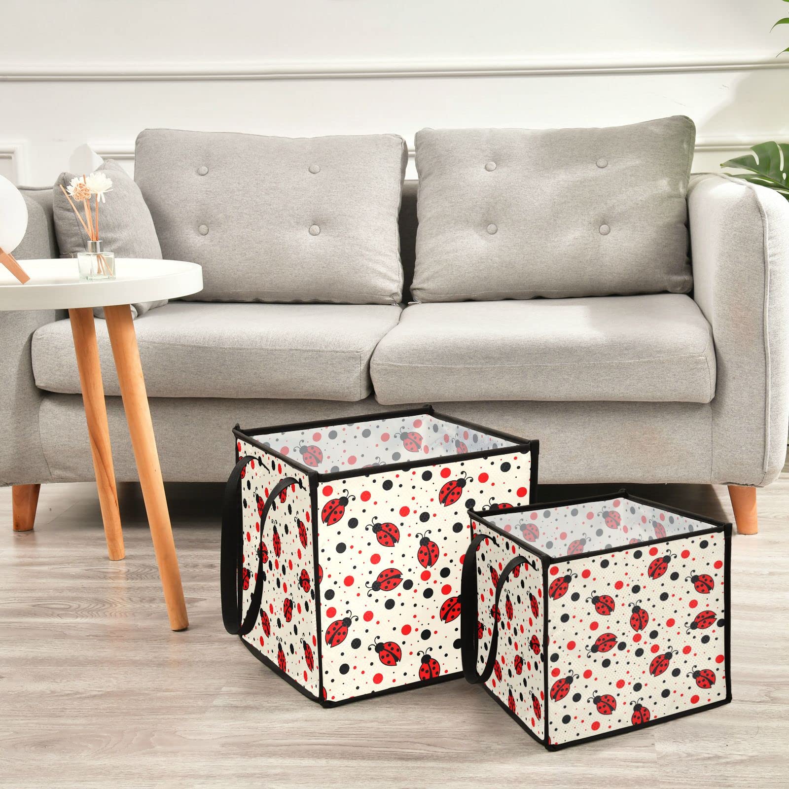 Red Ladybug Print Collapsible Fabric Storage Bins with Handles - 10.6x10.6x10.6 Inch Square Organizer for Toys, Nursery, Closet & Shelves | Cute Home Decor for Kids Room & Playroom Organization
