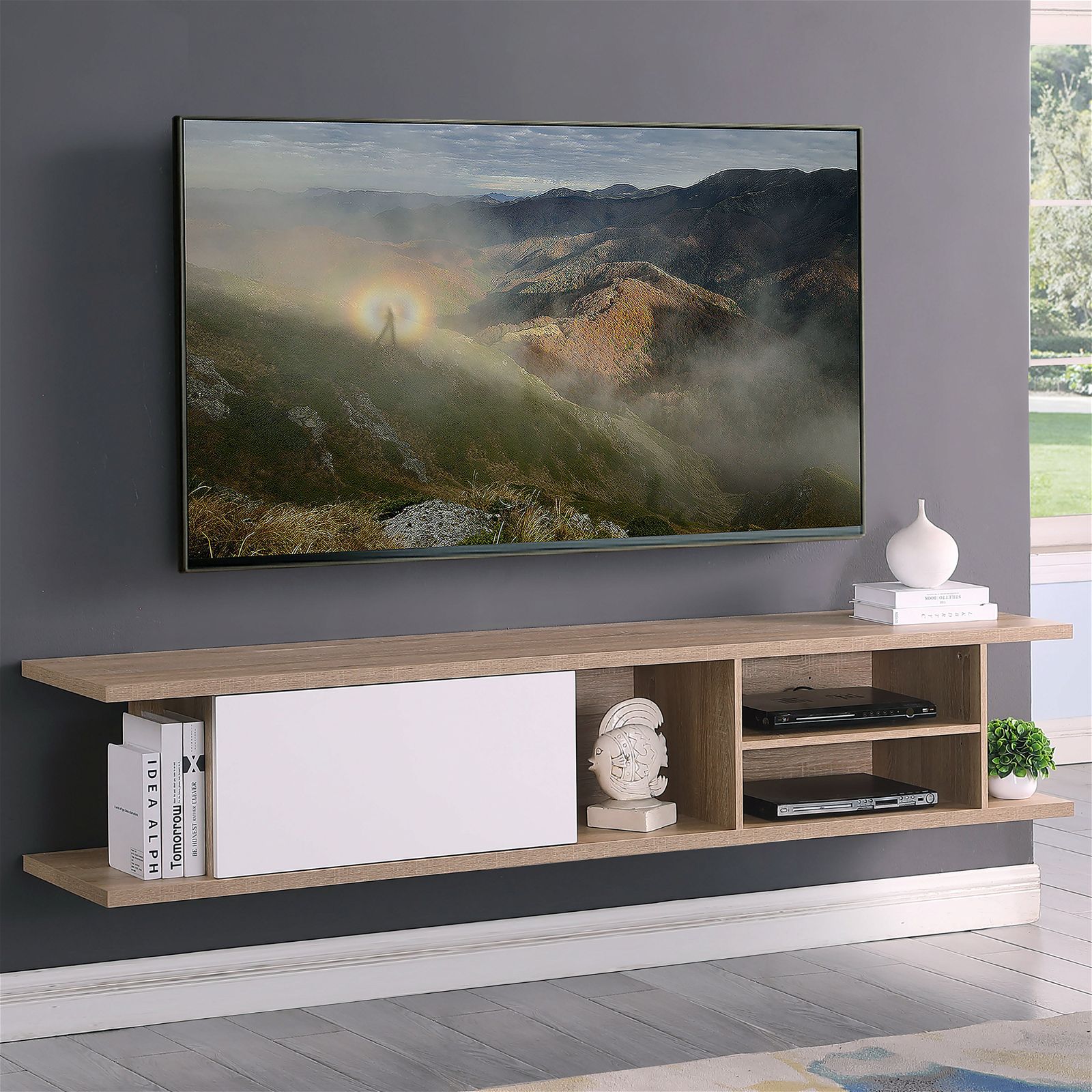 Auldrin 200cm Floating TV Stand with Wall Mount - Modern Oak Entertainment Center for Living Room - Perfect for Home Theater Setup & Space Saving Design