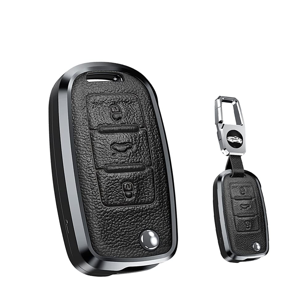 SANRILY 1-Piece Keyless Entry Key Fob Cover for Volkswagen VW Tiguan Jetta MK1-MK6 Passat Golf GTI Beetle - Durable Metal Leather Key Case Shell with Keychain (Black) - Perfect Car Accessory for Protection & Style