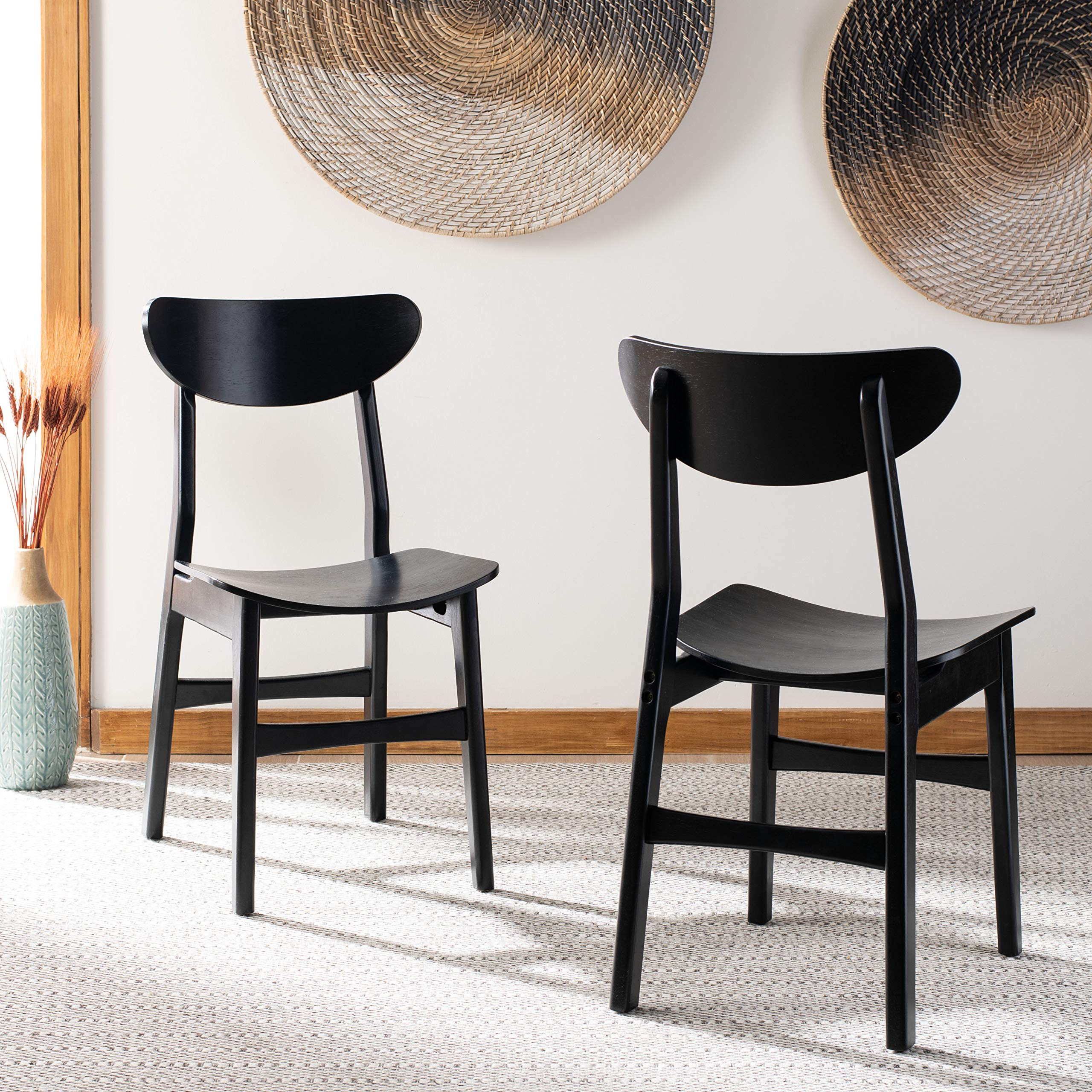 Safavieh Lucca Retro Black Wood Dining Chairs - Set of 2 for Kitchen, Dining Room & Breakfast Nook - Mid Century Modern Style Wooden Chairs with Upholstered Seat