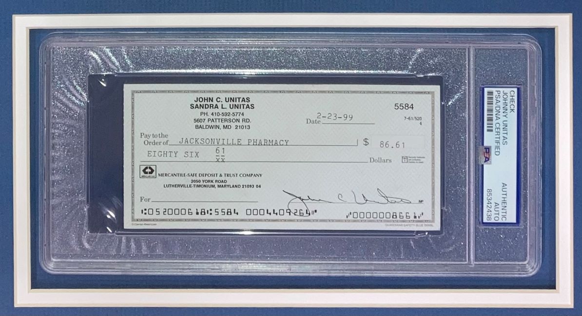 Johnny Unitas Baltimore Colts Autographed Framed Bank Check #5584 PSA Certified - Perfect for Sports Memorabilia Collectors and Football Fans Display