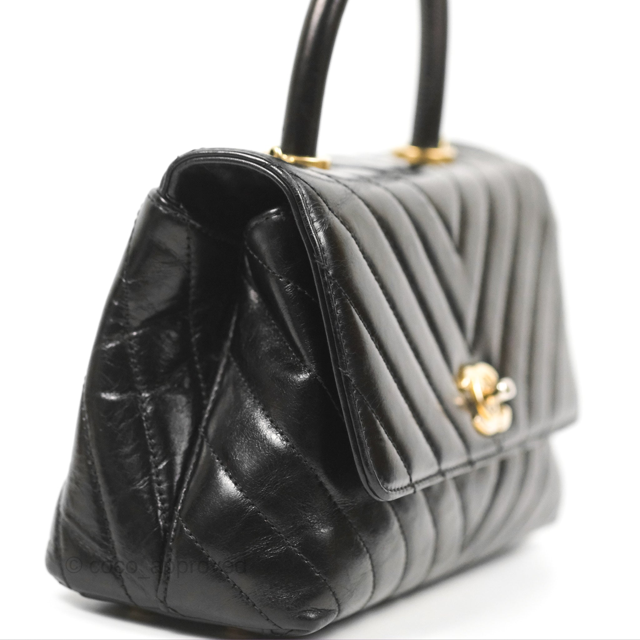 Chanel Chevron Small Coco Handle Bag - Black Shiny Aged Calfskin with Aged Gold Hardware | Luxury Crossbody Purse for Women, Perfect for Evening Parties & Date Nights
