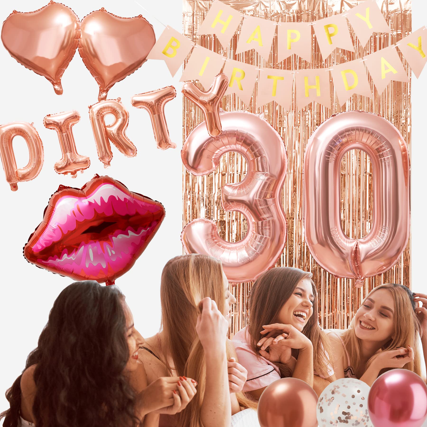 30th Birthday Decorations Set - Rose Gold Happy Birthday Banner, Foil Curtains, Dirty 30 Balloons & Sash for Women - Perfect for Birthday Parties, Milestone Celebrations & Photo Backdrops