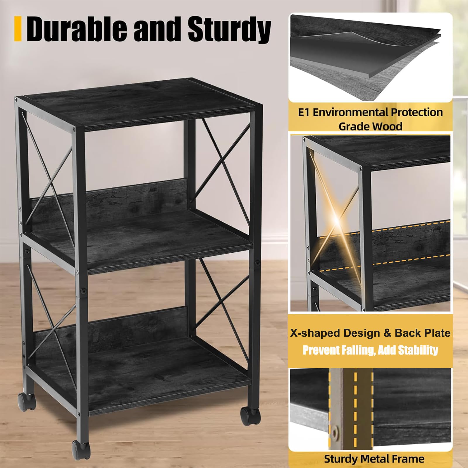 TooCust 3-Tier Rolling Printer Stand with Storage Shelf - 17x13x30 Inches, Mobile Printer Cart for Home Office, Black - Perfect for Organizing Printers, Scanners & Office Supplies