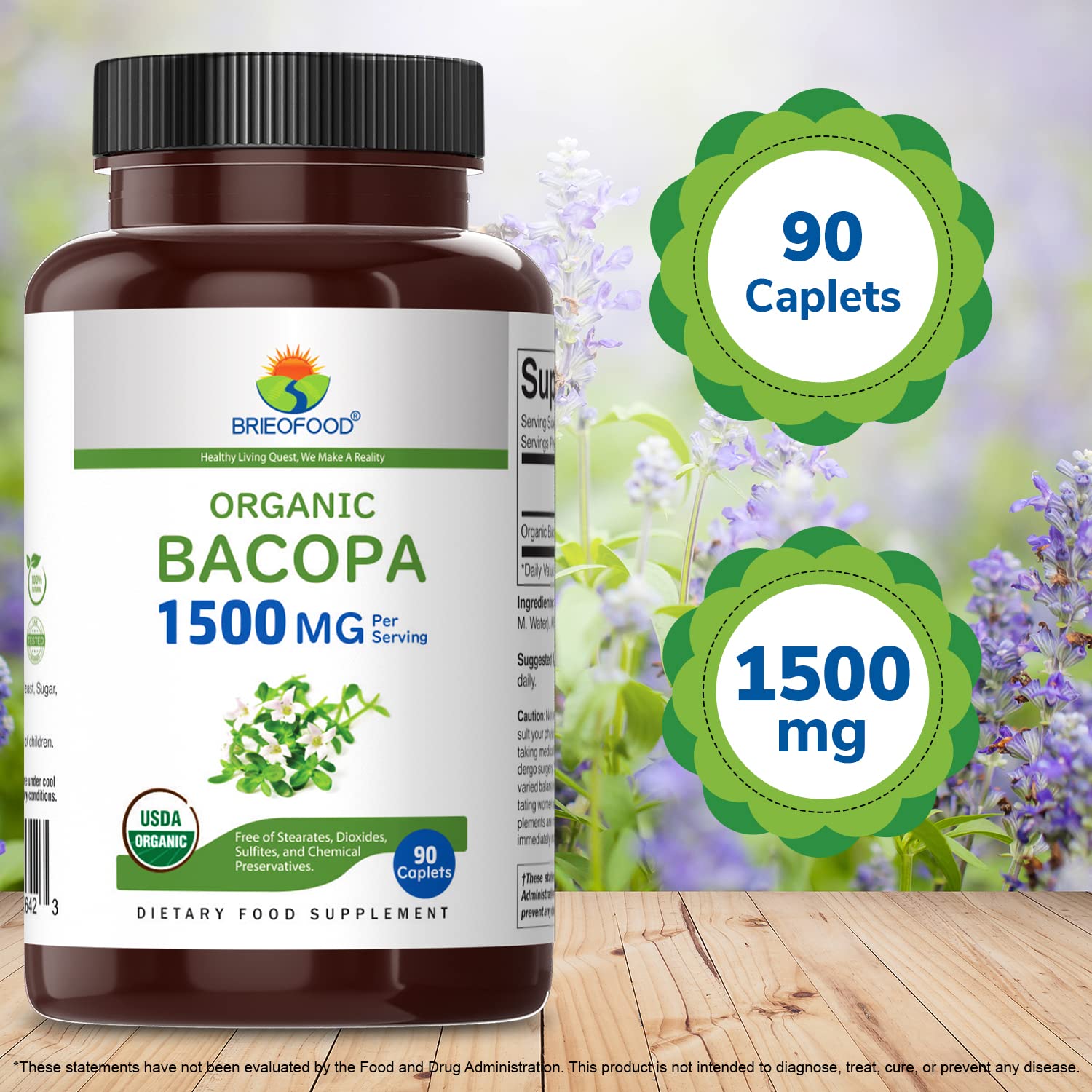 Brieofood Organic Bacopa 1500mg Supplement - 90 Vegetarian Tablets (45 Servings) | Gluten-Free, Non-GMO Brain Support for Memory & Focus | Daily Cognitive Enhancement for Students & Professionals